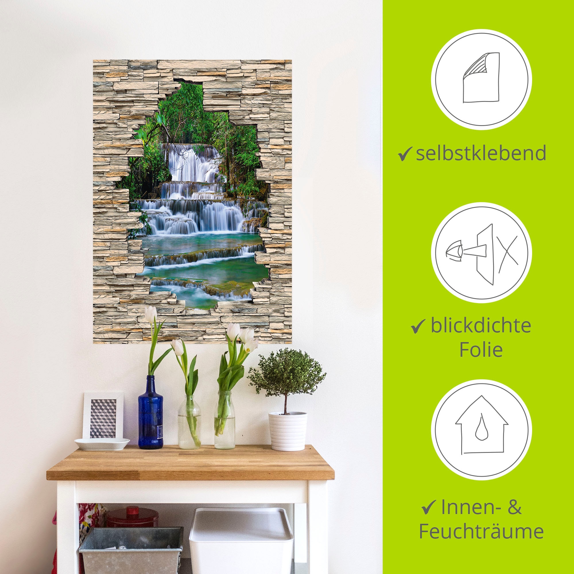 Artland Wandbild »Tiefen Wald Wasserfall Stein Mauer Blick«, Wasserfallbilder, (1 St.), als Alubild, Outdoorbild, Wandaufkleber in verschied. Größen
