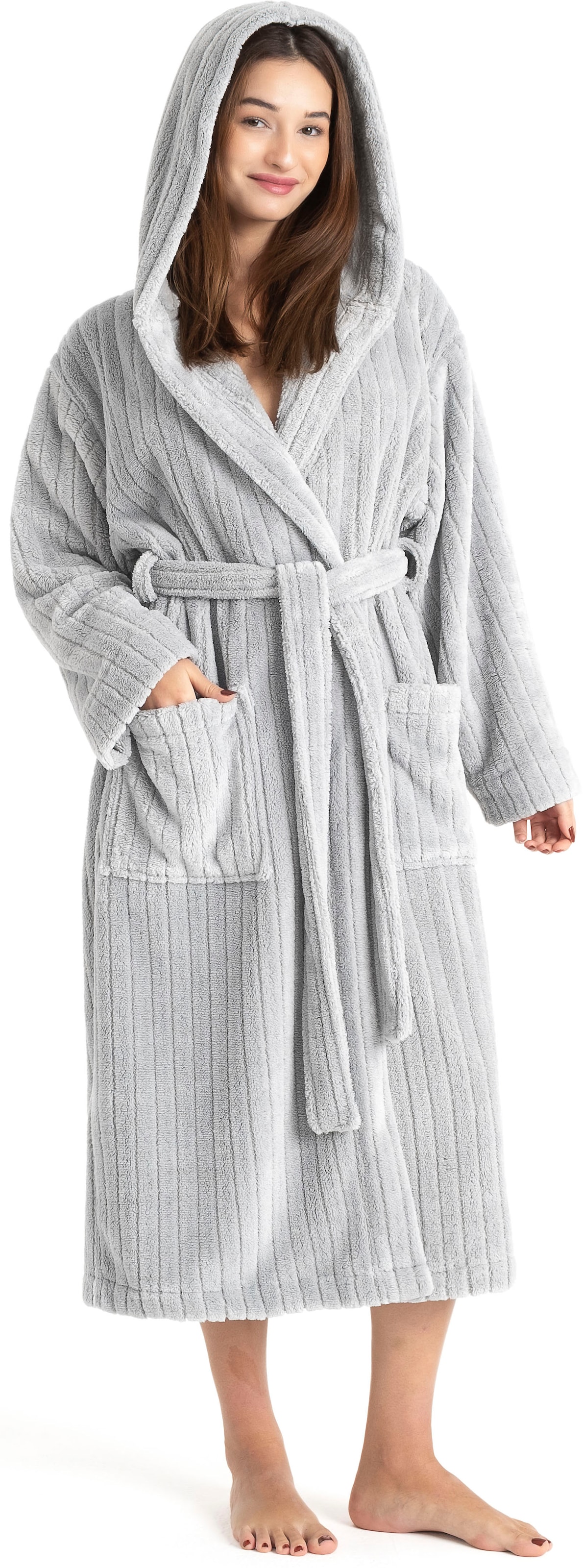 LeGer Home by Lena Gercke Unisex-Bademantel »Lovina gestreift, ideal für Sauna & Spa, Hotelbademantel, Morgenmantel« 1 Stk. Hoch-Tief, kuschelig weicher Fleece, plüsch, Damen und Herren, XS-3XL