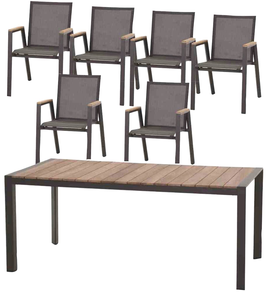 Siena Garden Garten-Essgruppe »Savona«, (7 tlg., 1x Tisch 180x90 cm, 6x Sessel), Aluminium, Teak FSC 100%, geeignet für 6 Personen
