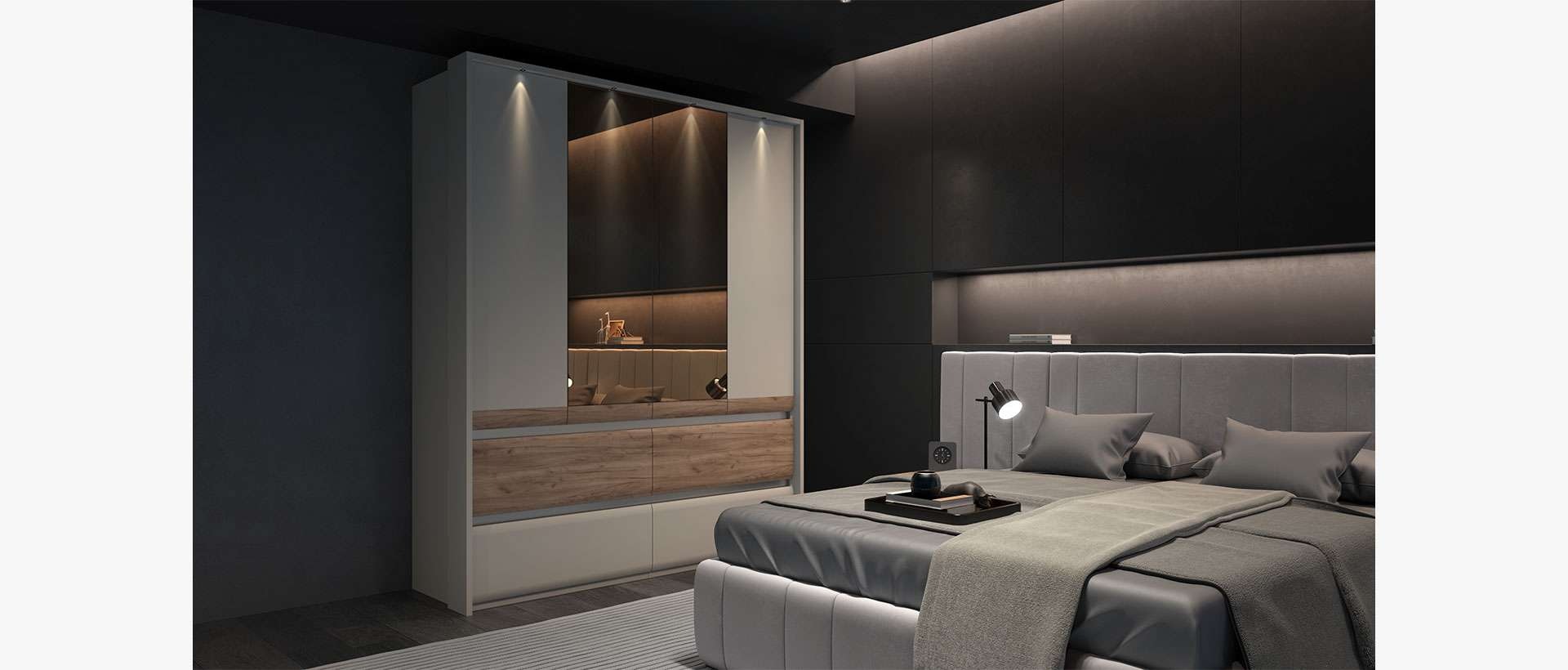 PLACES OF STYLE Kleiderschrank »Invictus, UV lackiert, FSC-zertifiziert, grifflose Optik« abgerundete Schubladen aus MDF im Holzdekor, soft-close,  mit Beleuchtung und Spiegel, in 4 Breiten, hoher Schrank (226cm)