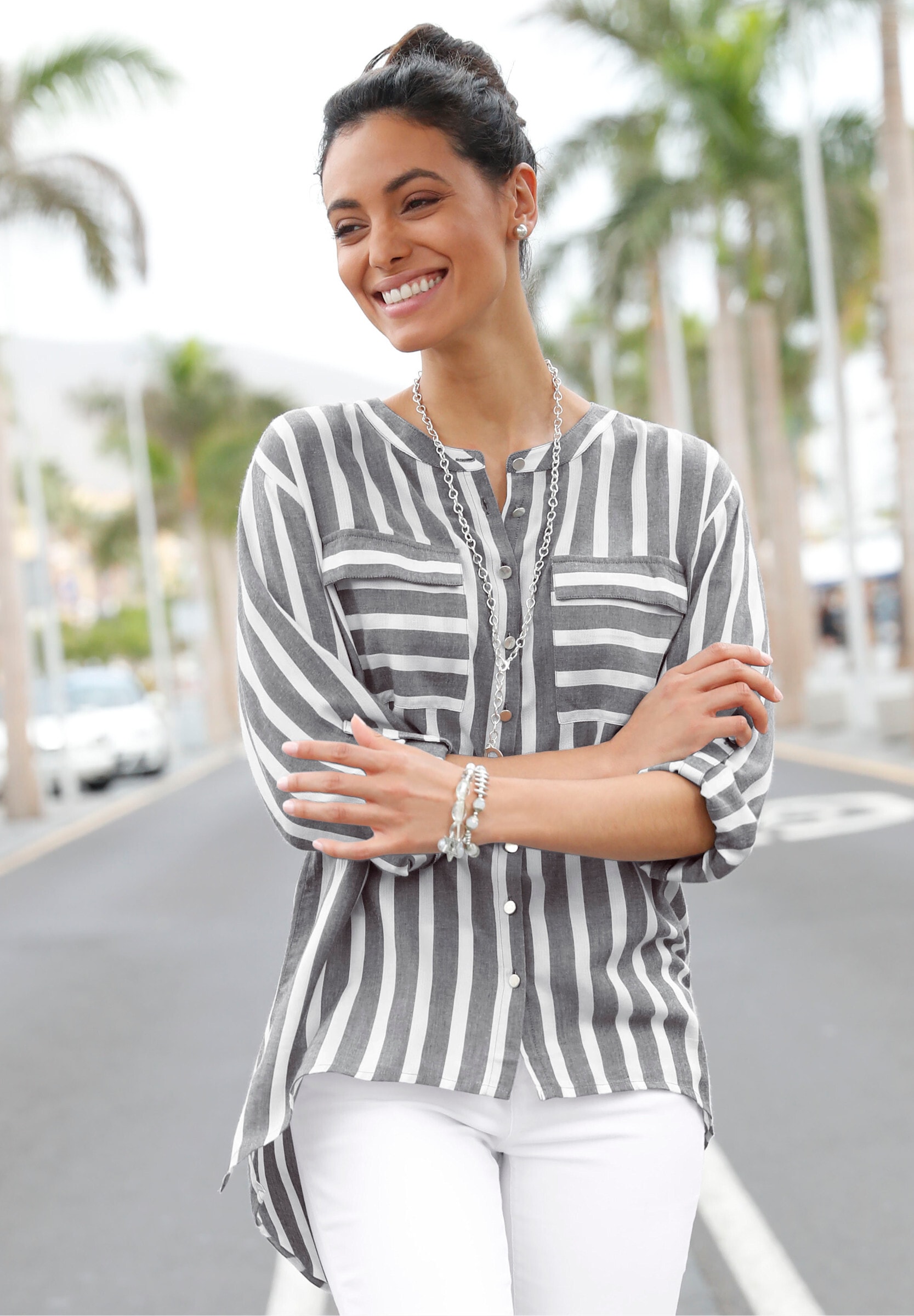 creation L Klassische Bluse »Bluse Gestreifte Bluse mit krempelbaren Ärmeln, glänzend«