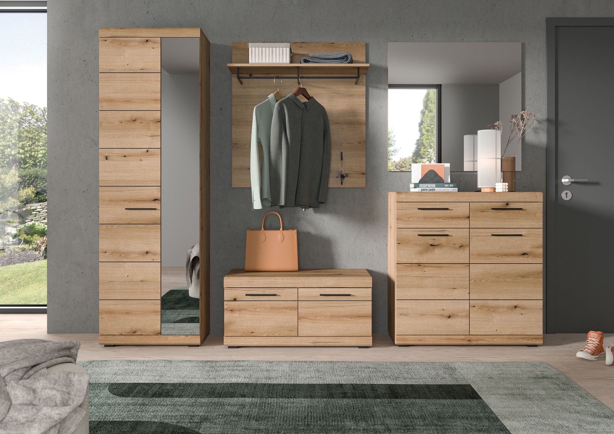 Home affaire Garderoben-Set »SIENA, Breite 272 cm, 5-teiliges Set, individuell stellbar« Komplett-Set, best.aus: Garderobenschrank, Sitzbank, Paneel, Schuhschrank & Spiegel, 5 Stk. tlg.