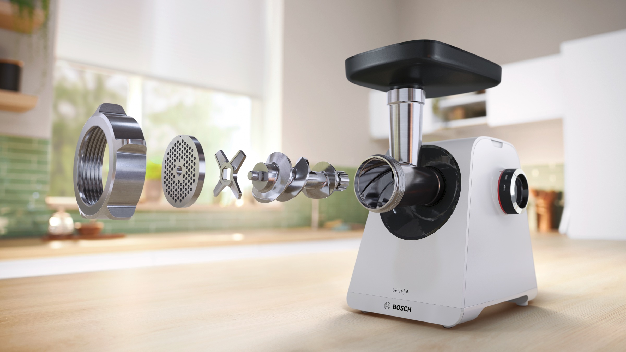 BOSCH Fleischwolf »Serie 4 MFWS420W, 1900 W Blockierlei., 2 Flügel-Messer, 2 Stufen, weiß«, 500 W, Metallkupplung, Wurststopfer, 10 J Motorgarantie, Rücklauffunktion