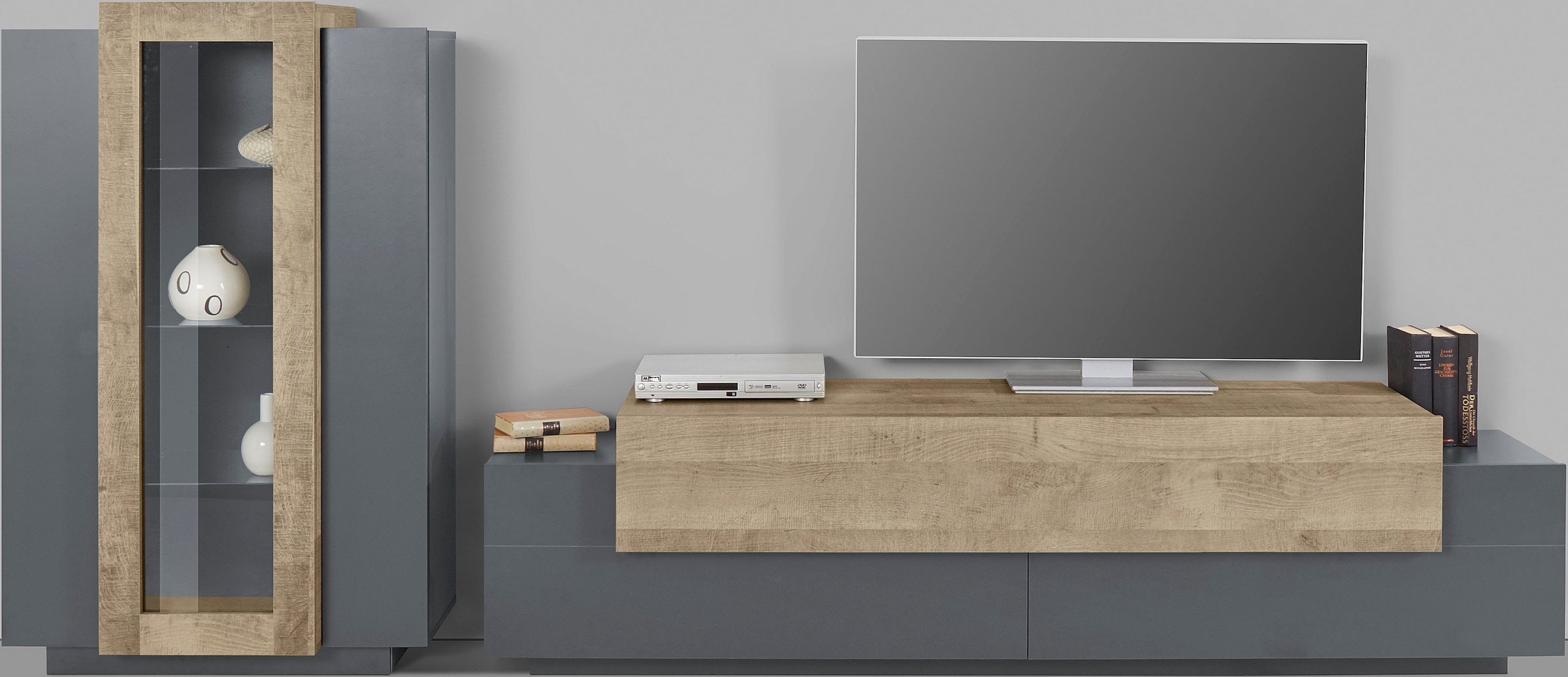 INOSIGN Wohnwand »Coro, Anbauwand, Medienwand«, (Set, 2 St.), Lowboard 4 Fächern Breite 200 cm und Vitrine 3 Türen Breite 80 cm
