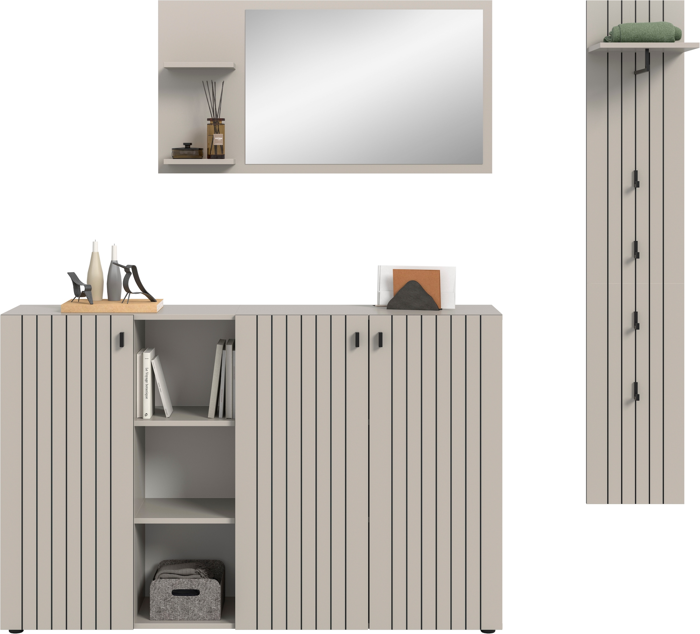Home affaire Garderoben-Set »TATIO, 3-tlg. Garderobenkombination, Breite: 201 cm, Rillenfräsung« Set, Set, best. aus: 1 Spiegel, 1 Garderobenpaneel, 1 Schuhkommode, 3 Stk. tlg.