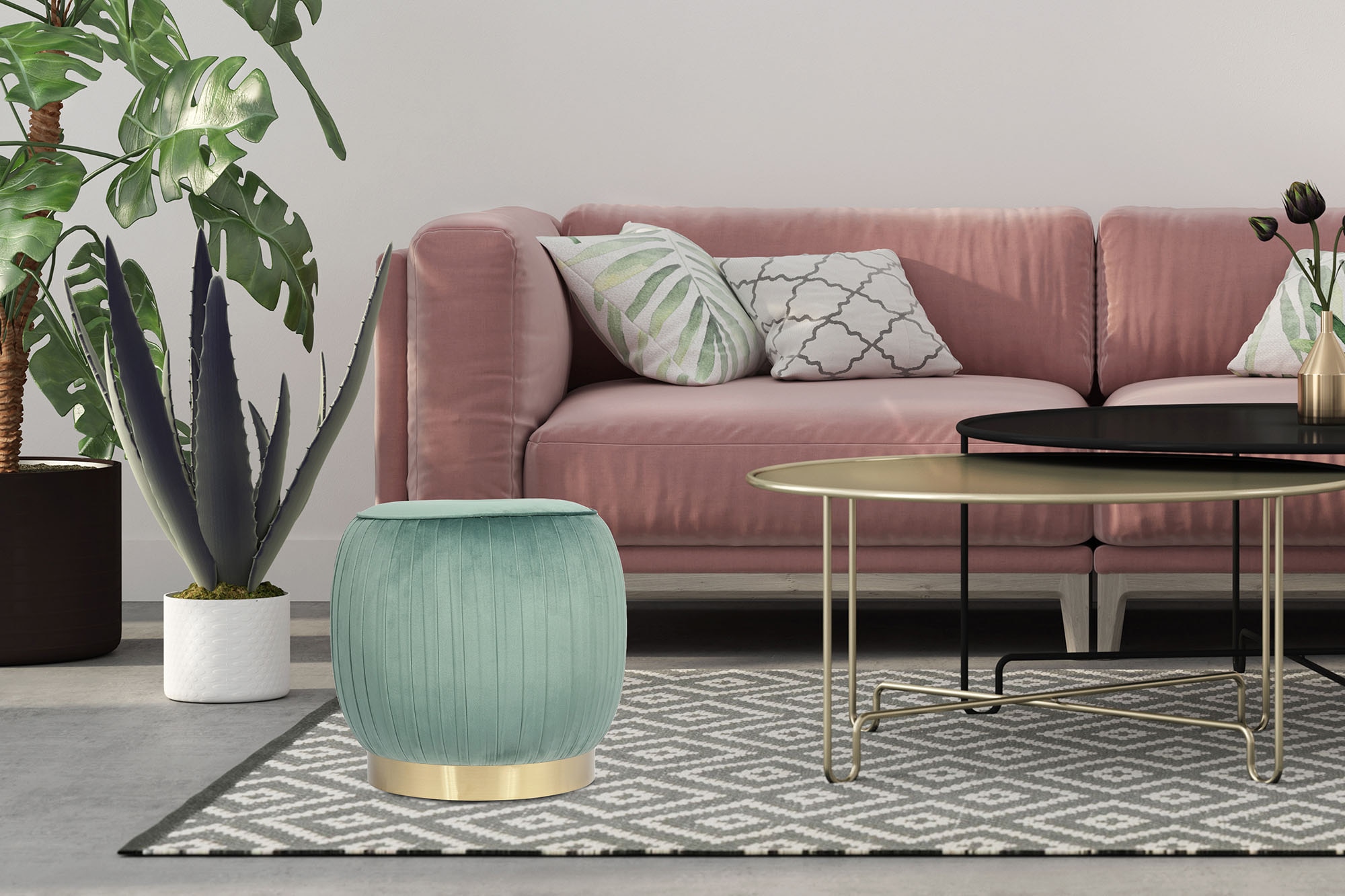 Kayoom Polsterhocker »Hocker Lyla 125, Edler Touch durch goldenen Sockel,  Samtbezug« 1 Stk. tlg. samtweich, gesteppte Ziernaht, Edelstahlsockel, Hochwertiger Samtbezug