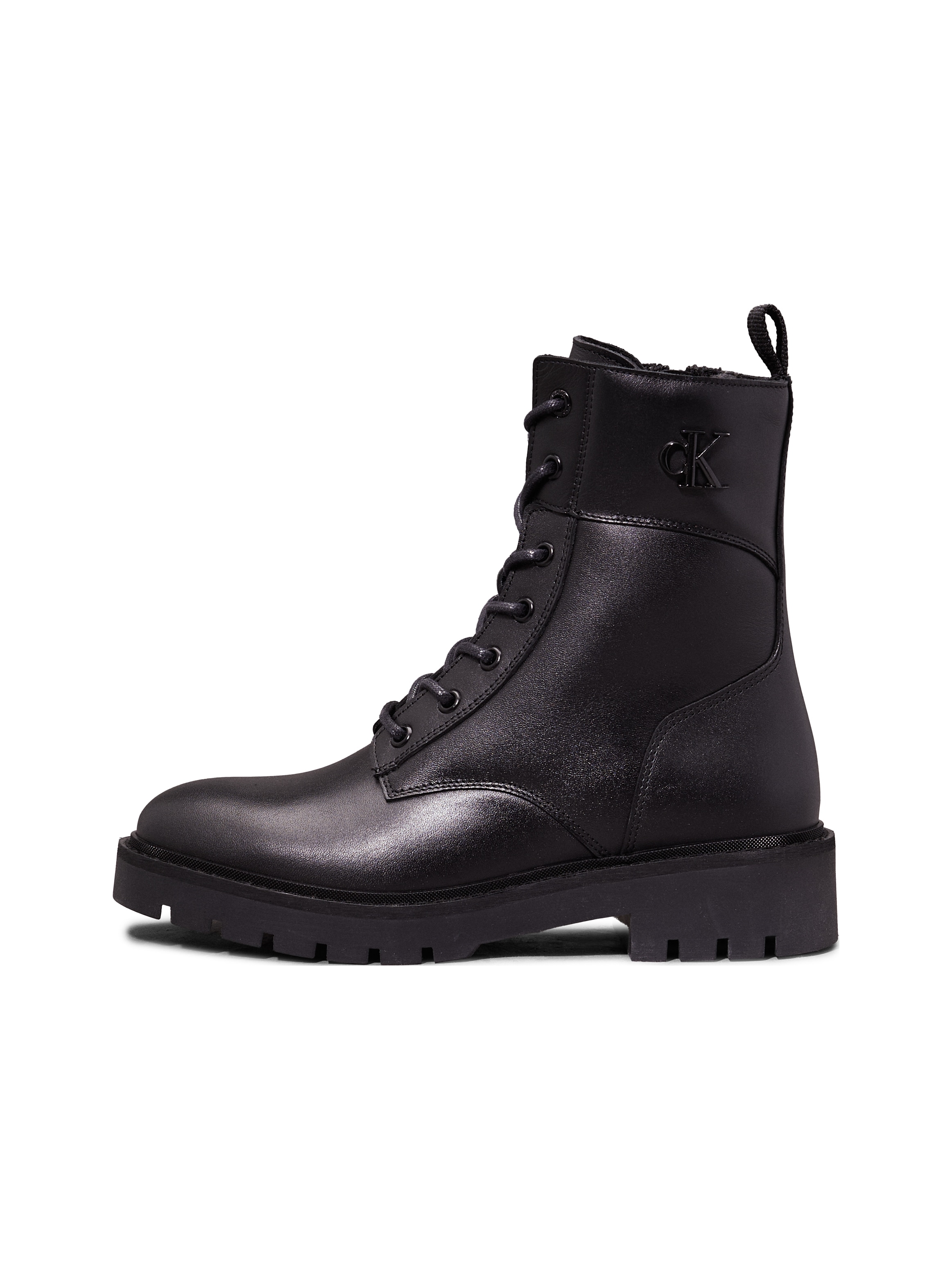 Calvin Klein Jeans Schnürboots »COMBAT BOOT MID ZIP LTH IN CALF«, Blockabsatz, Schnürstiefelette mit seitlichem CK-Schmuckelement