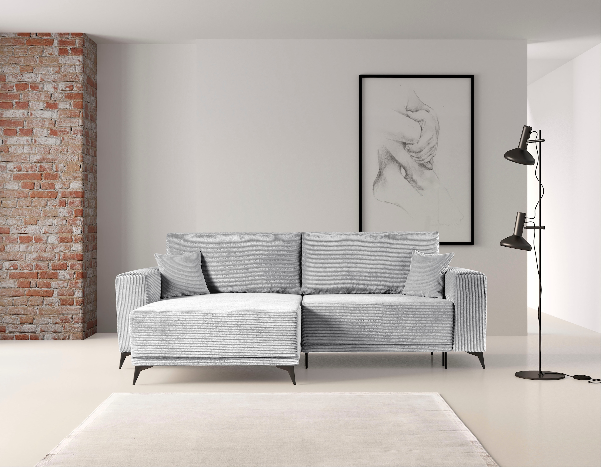 WERK2 Ecksofa »Scandic L-Form«, Moderne Eckcouch in Cord, Sofa mit Schlaffunktion & Bettkasten