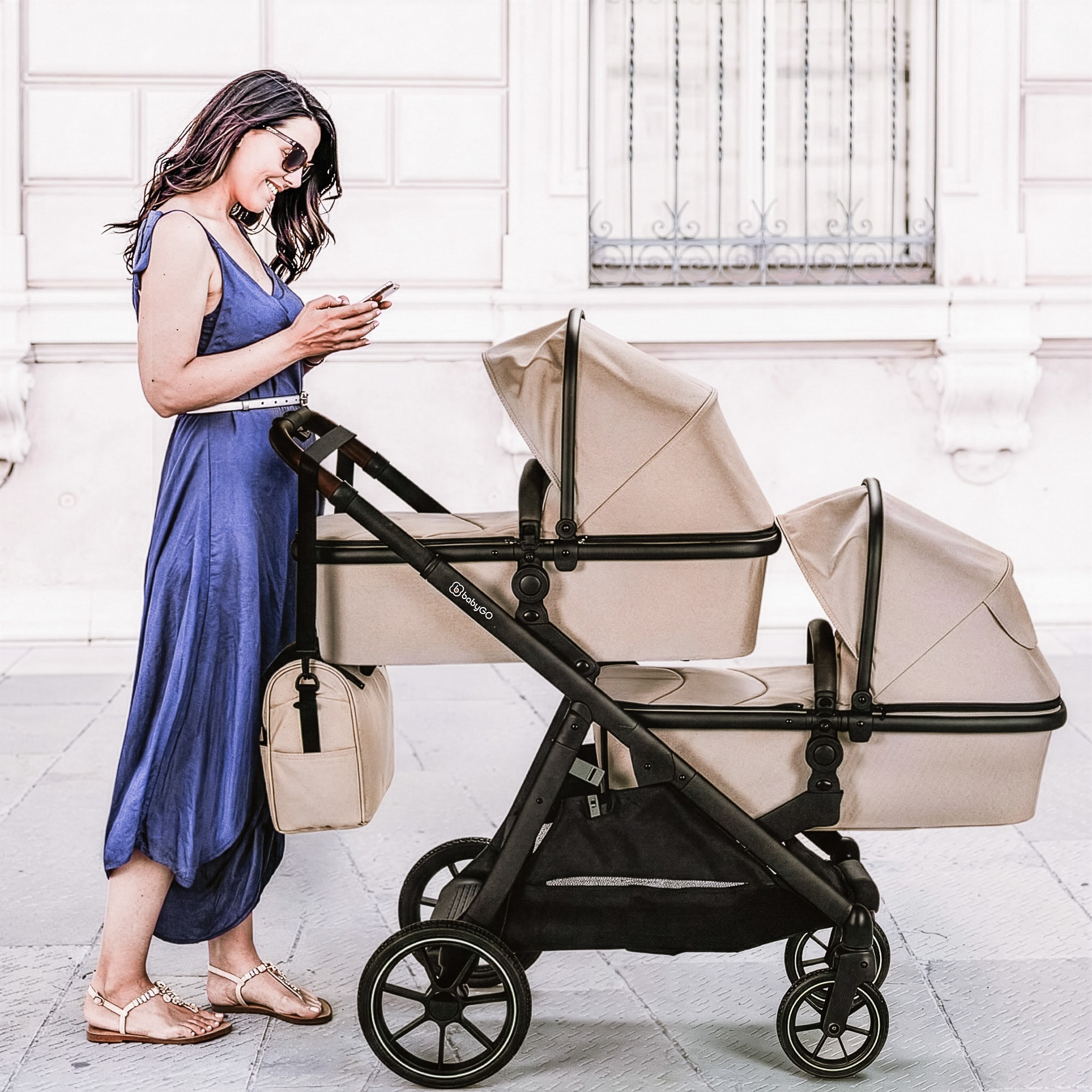 BabyGo Zwillings-Kombikinderwagen »Duo« inkl. Wickeltasche u. 2 Regenhauben