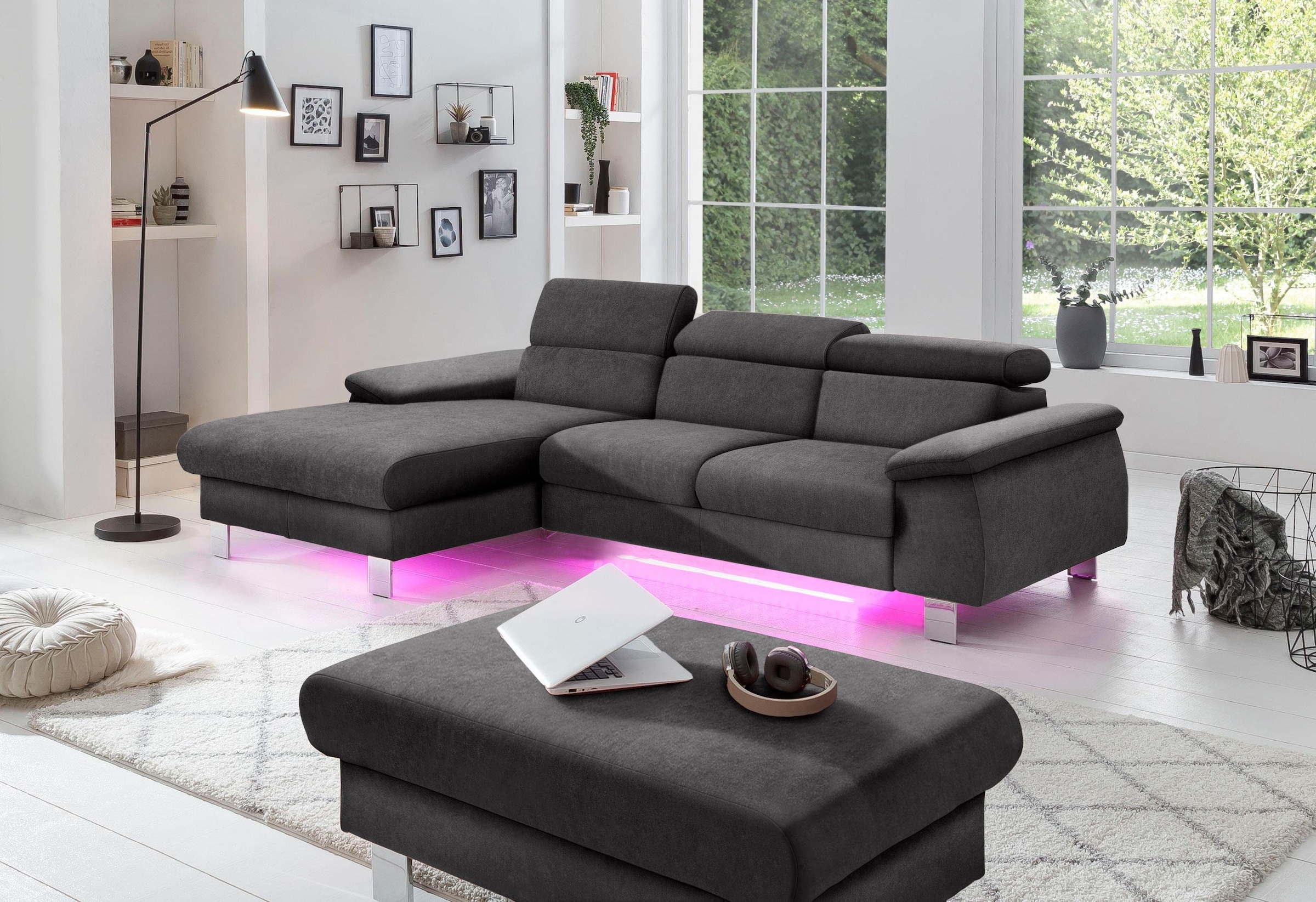 COTTA Ecksofa Komaris, Ecksofa, wahlweise mit RGB-LED-Beleuchtung und Bettfunktion/Bettkasten