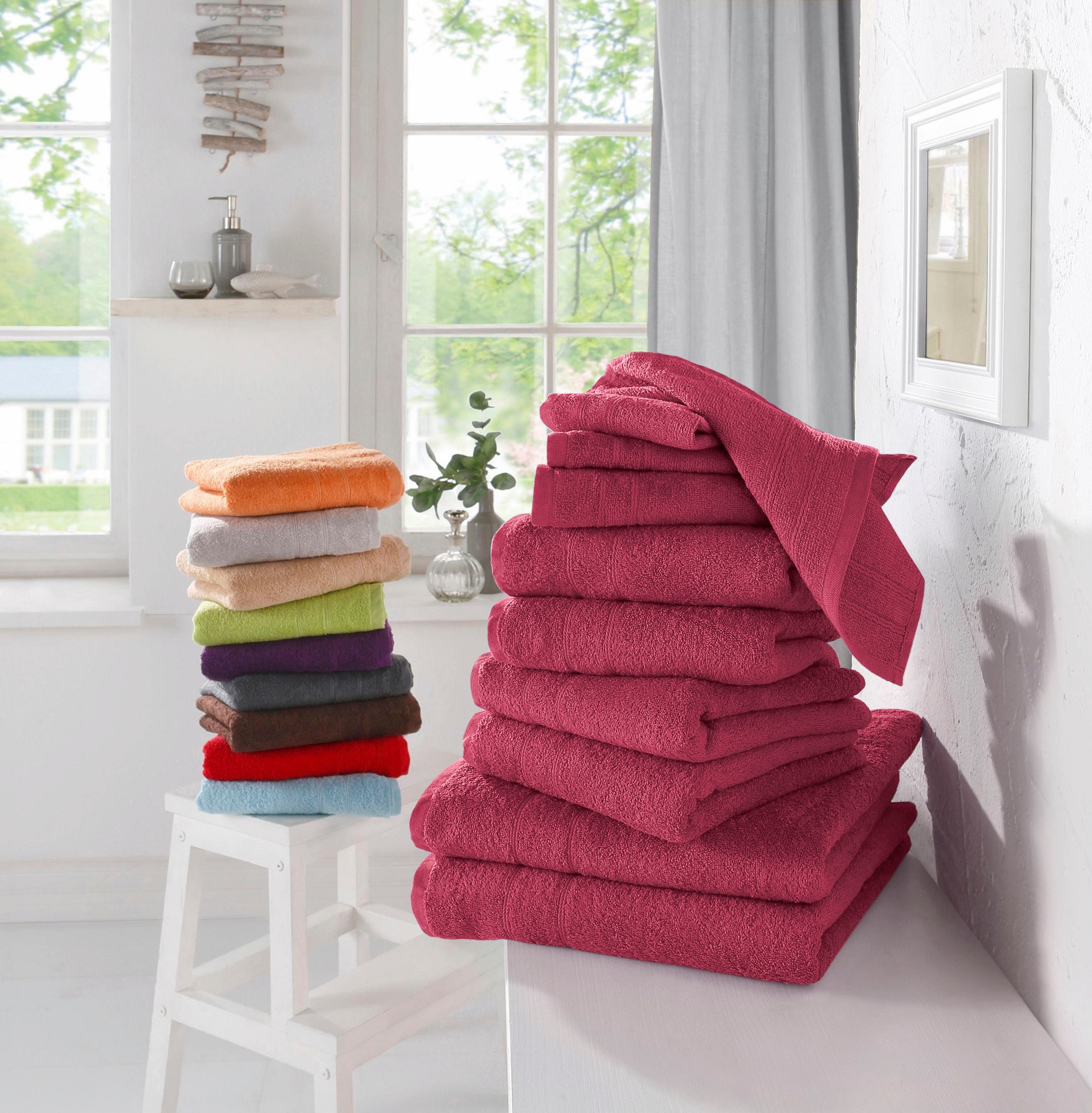 my home Handtuch Set »Inga, Duschtücher, Handtücher, Gästetücher, Seiftücher«, 10 tlg., Walkfrottee, Handtücher mit feiner Bordüre, 100% Baumwolle, einfarbig, weich