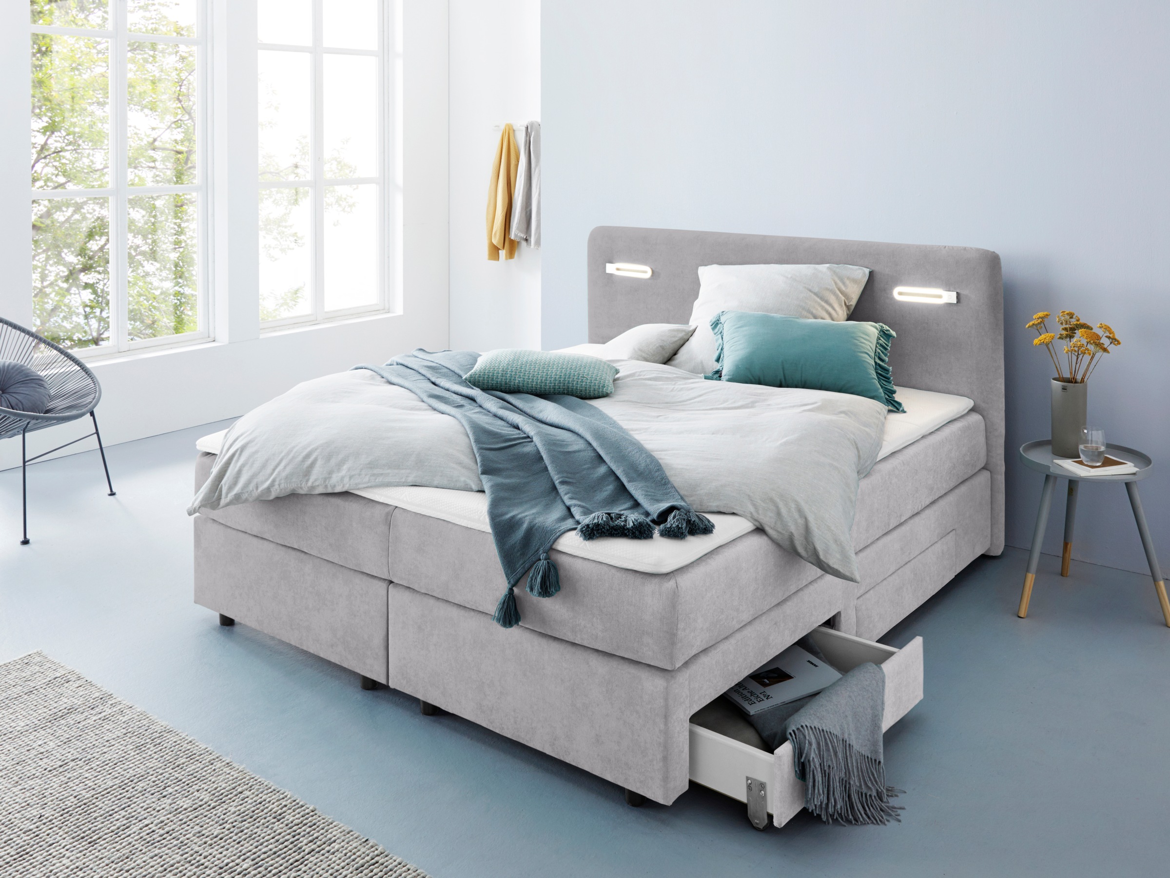 INOSIGN Boxbett »Luan«, Schubkästen, LED-Beleuchtung und Topper, in Breite 120 cm und 180 cm