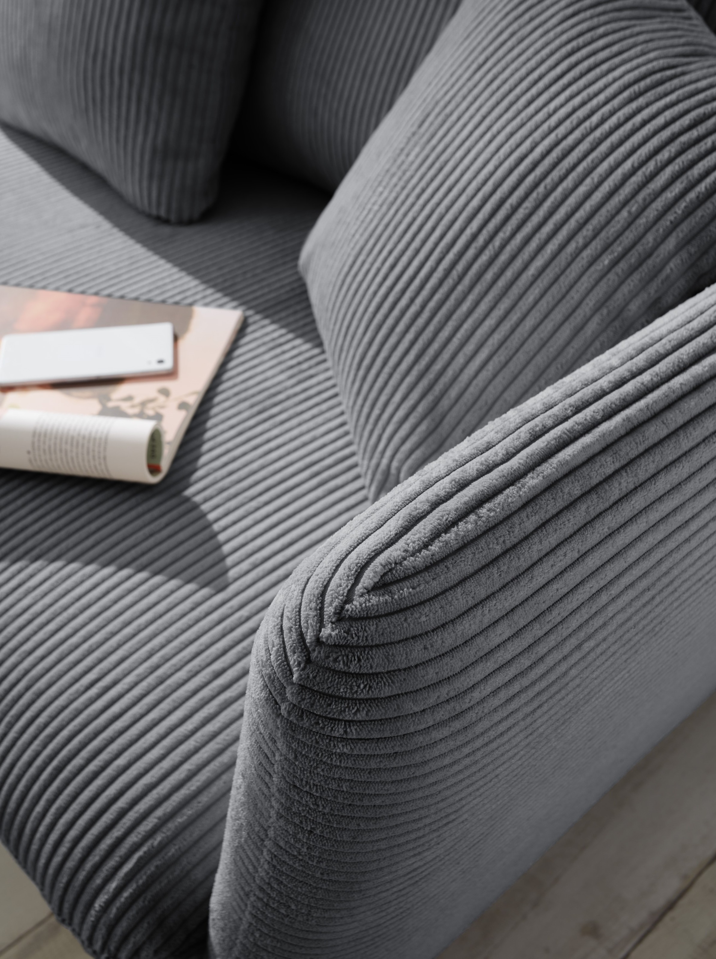 OTTO home Ecksofa »MERLE, 258 cm, L-Form, traumhafter Cord,« mit Bettfunktion und Bettkasten, Liegefläche 224 x 139