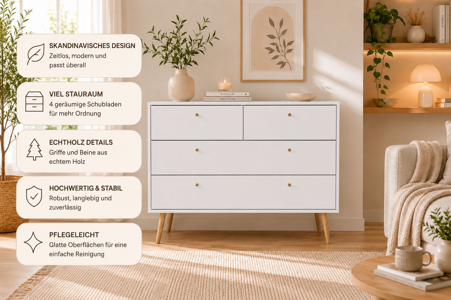 Home affaire Kommode »Bodo, Aufbewahrung, Schubladenschrank, Stauraum, modern, Breite 99 cm« 4 Schubladen, Weiß oder Schwarz, Beine und Griffe aus Echtholz