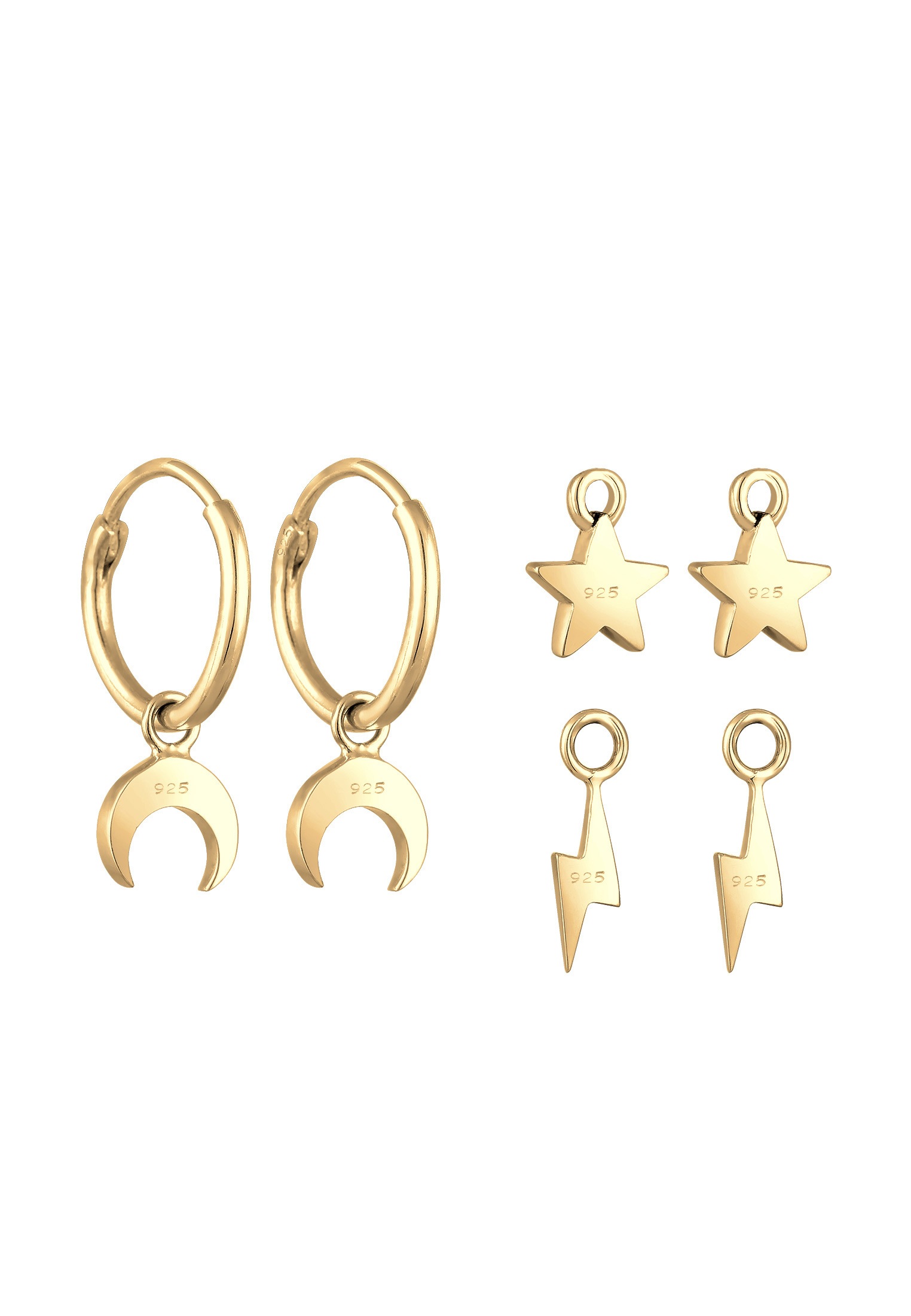 Elli Paar Creolen »Ohrringe Creolen 3-Set Hänger Mond Stern Blitz 925 Silber«