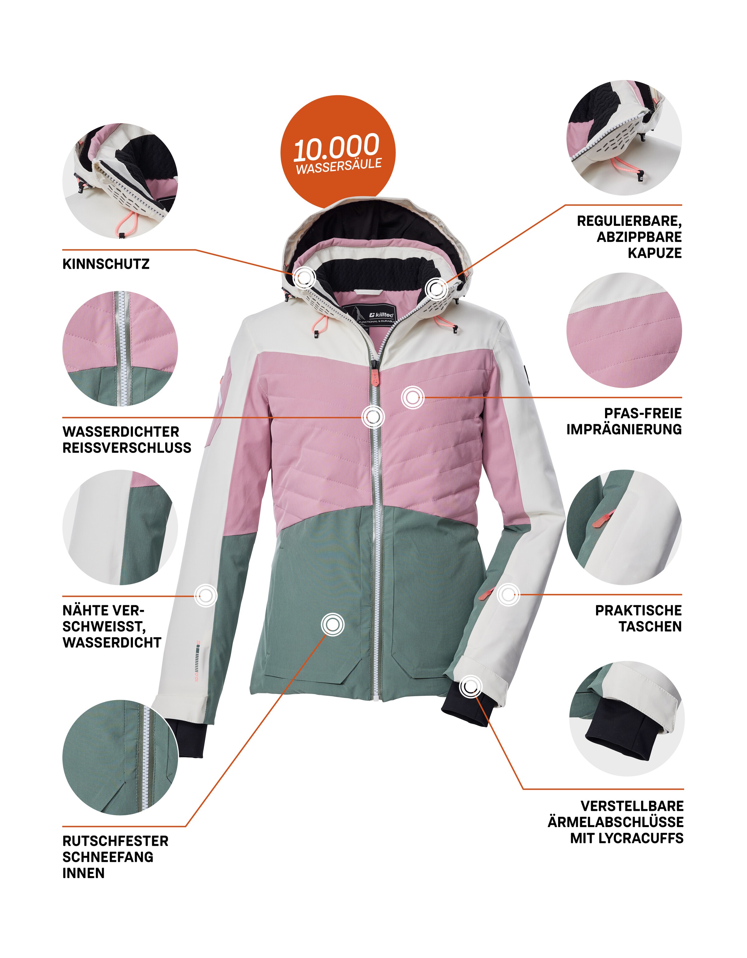 Killtec Skijacke »KSW 30 WMN SKI JCKT«, Damen Skijacke: wasserdicht, atmungsaktiv, Colourblock-Design