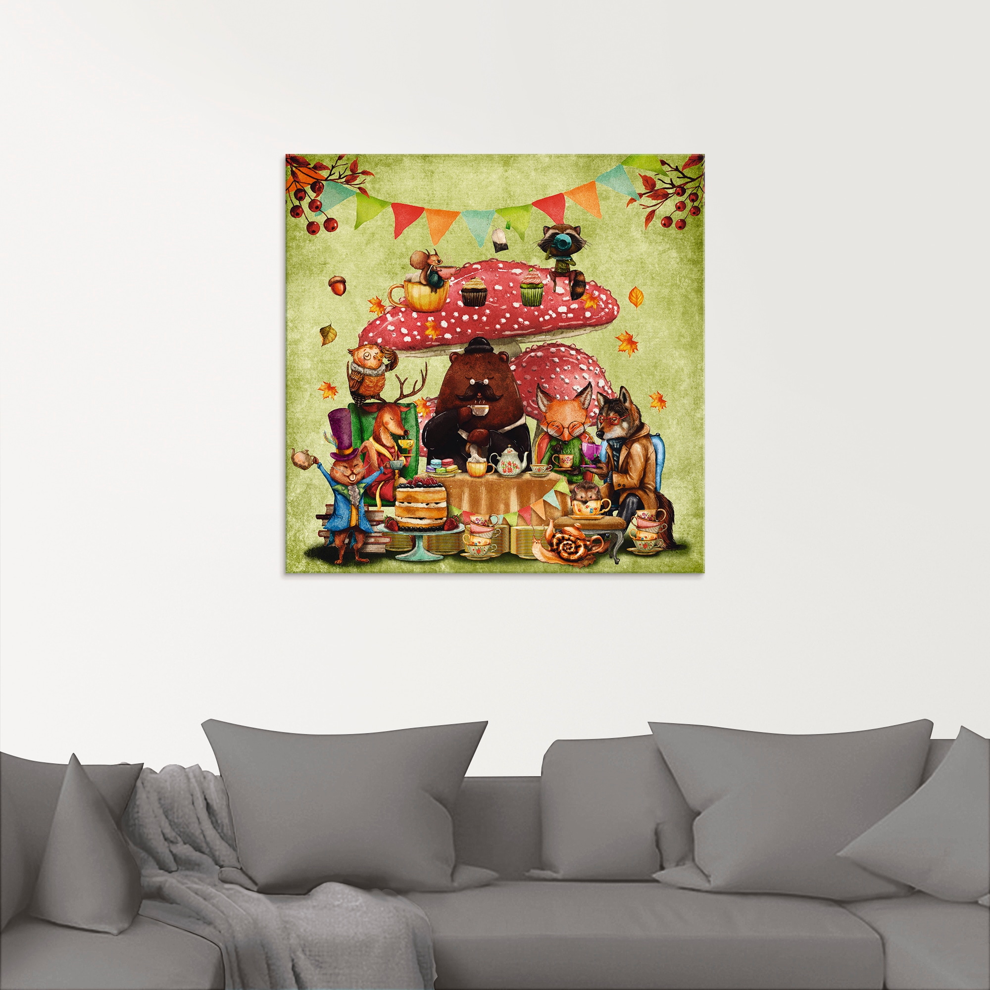 Artland Glasbild »Wald Freunde Fliegenpilz Teetrinken«, Animal Fantasy, (1 St.), in verschiedenen Größen