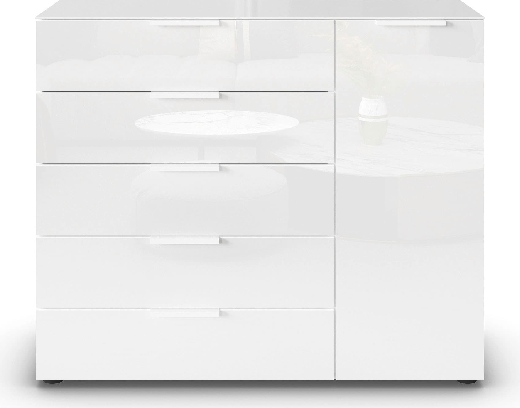 rauch Schubkastenkommode »Kommode Türkommode Sideboard Kombikommode FLIPP mit Glasfront« Breite 120 cm mit 2 Einlegeböden,  1-türig, 5 Schubladen, Soft-Close-Funktion, Oberboden und Front Glas