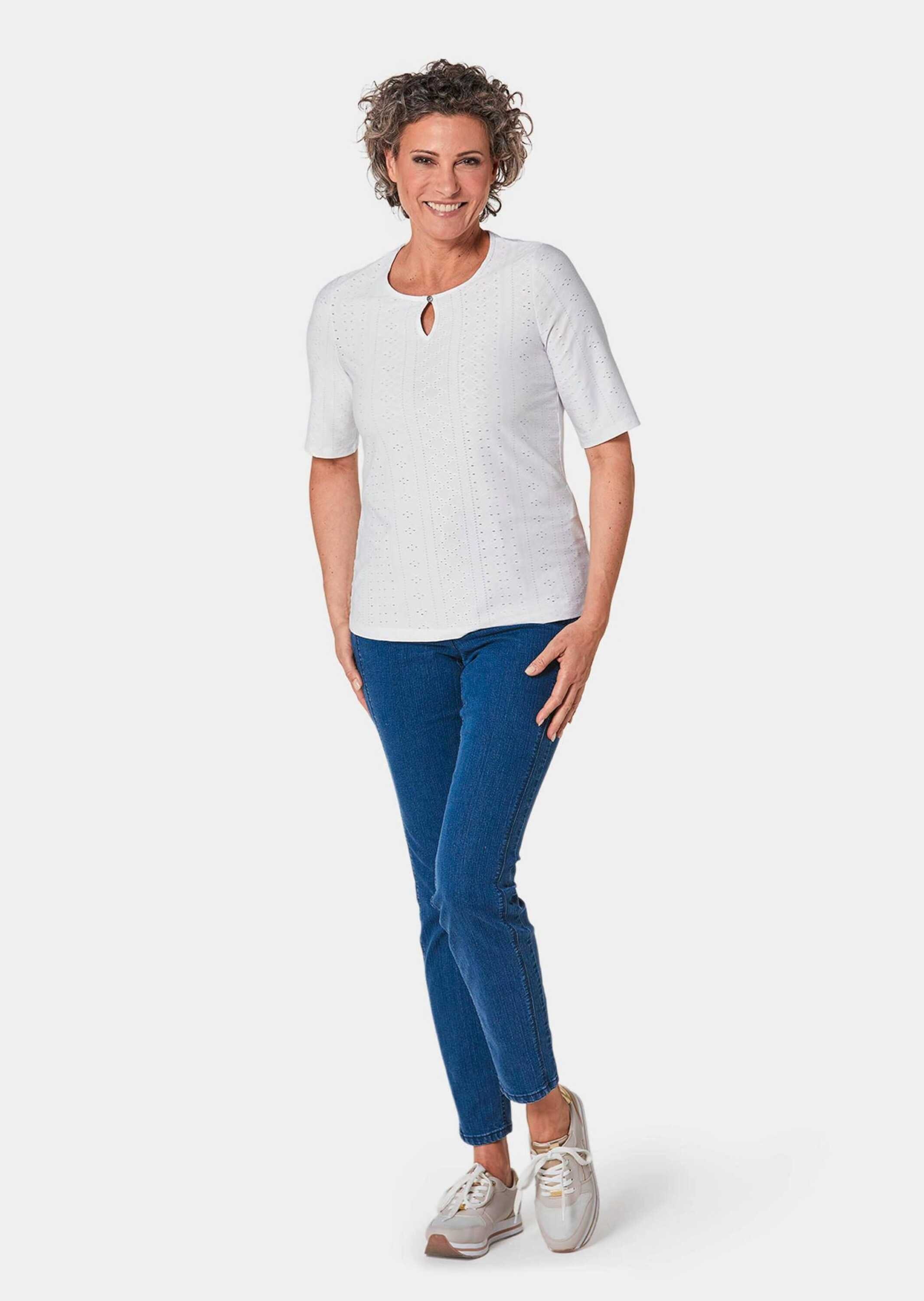 GOLDNER Kurzarmshirt »Kurzgröße Stretchshirt mit floralem Muster« Mit kleinem Schlitz und schönem Knopf am Rundhals