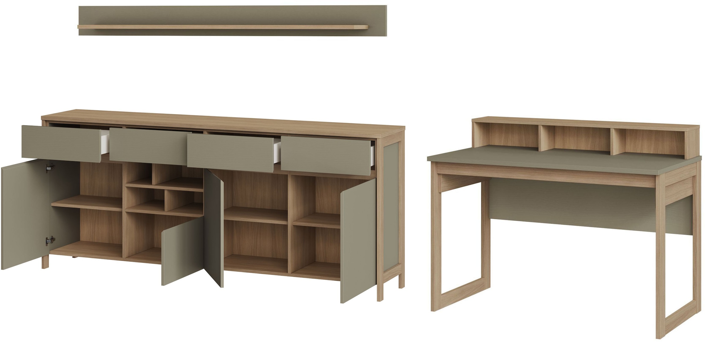 Home affaire Büromöbel-Set »Stranda im Scandi-Style, Home Office, Büro in zwei Farben verfügbar«, (3 tlg.), enthält Schreibtisch, Sideboard und Wandboard