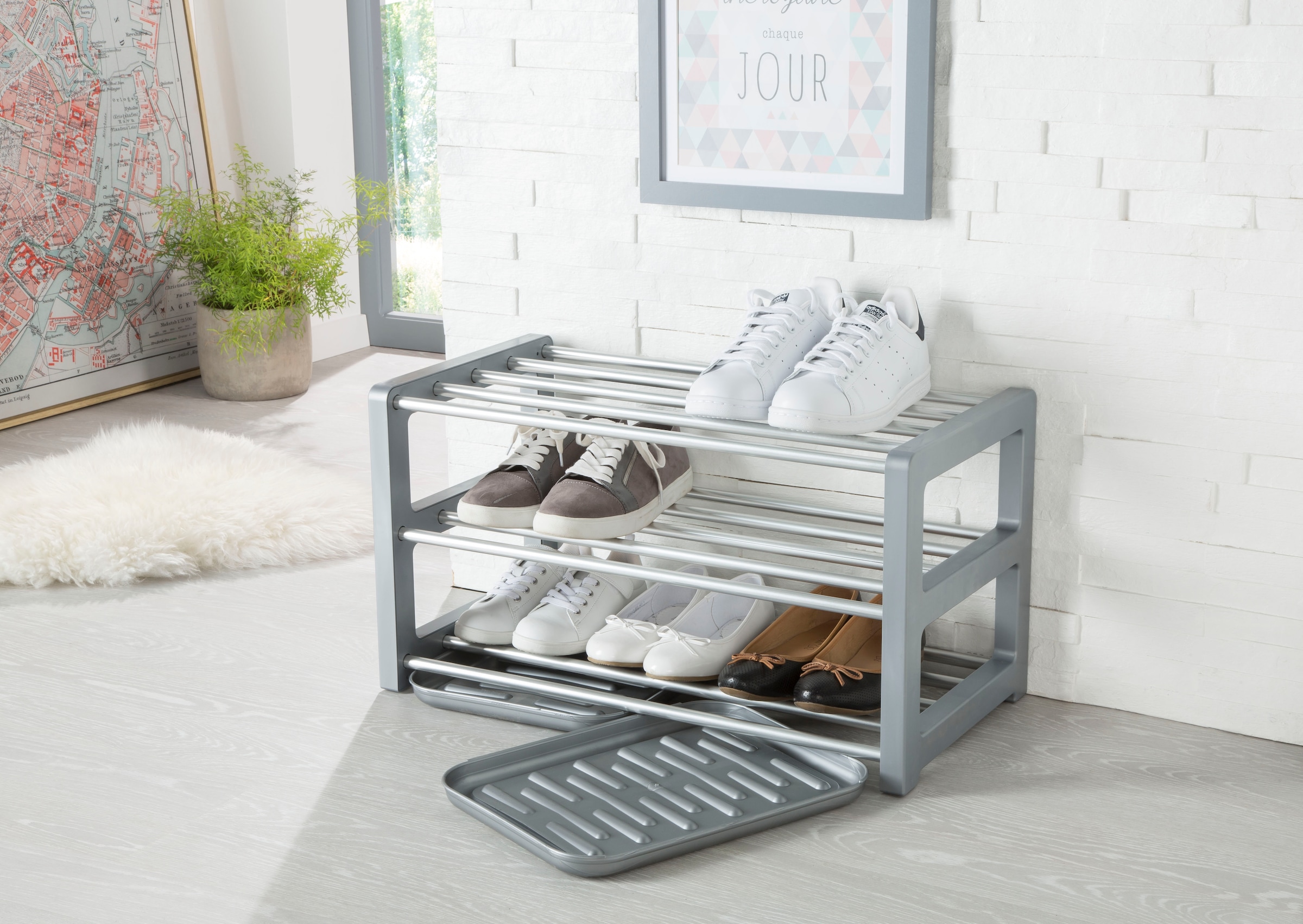 Ruco Schuhregal mit Schmutzauffangschalen, Aluminium, bis zu 9 Paar Schuhe
