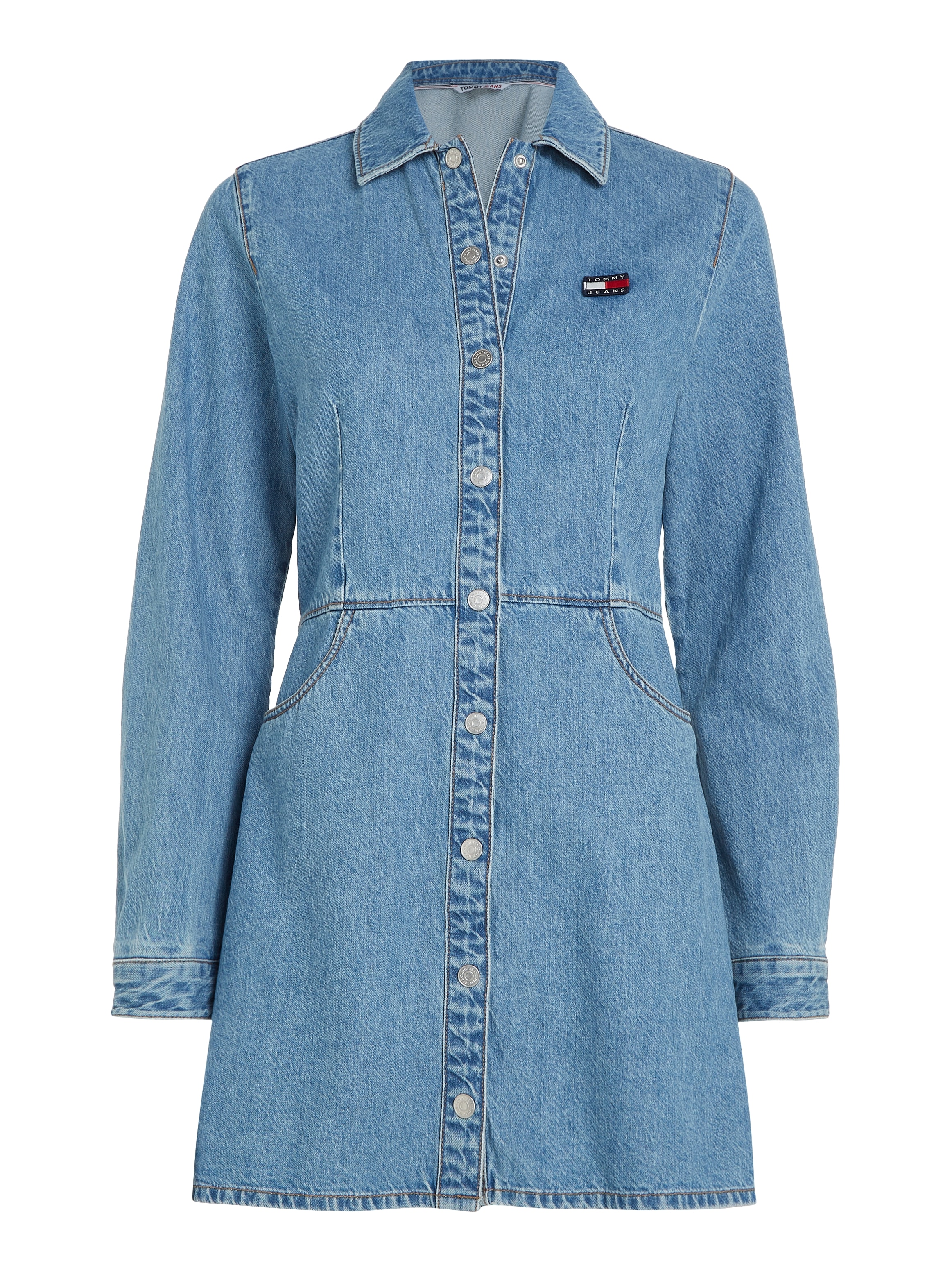 Tommy Jeans Jeanskleid »TJW LS BADGE DENIM MINI DRESS«, mit dezentem Kontrastband am Krageninneren