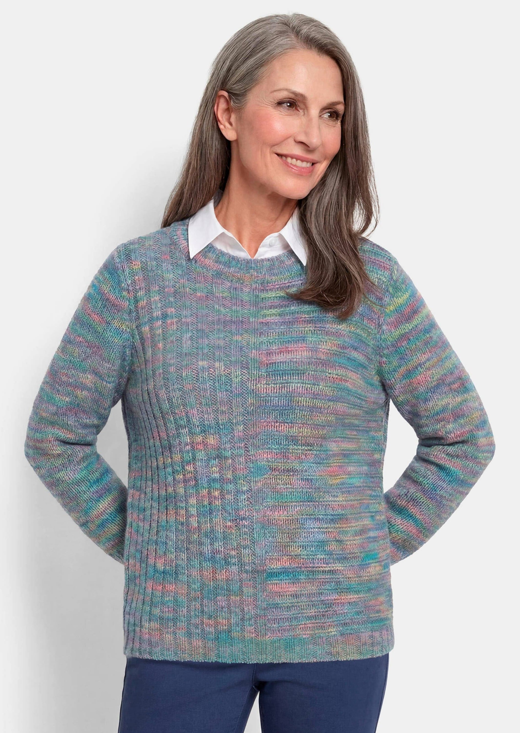 GOLDNER Rundhalspullover »Kurzgröße Melangepullover mit U-Boot-Ausschnitt« mit Multicolorgarn gestrickt