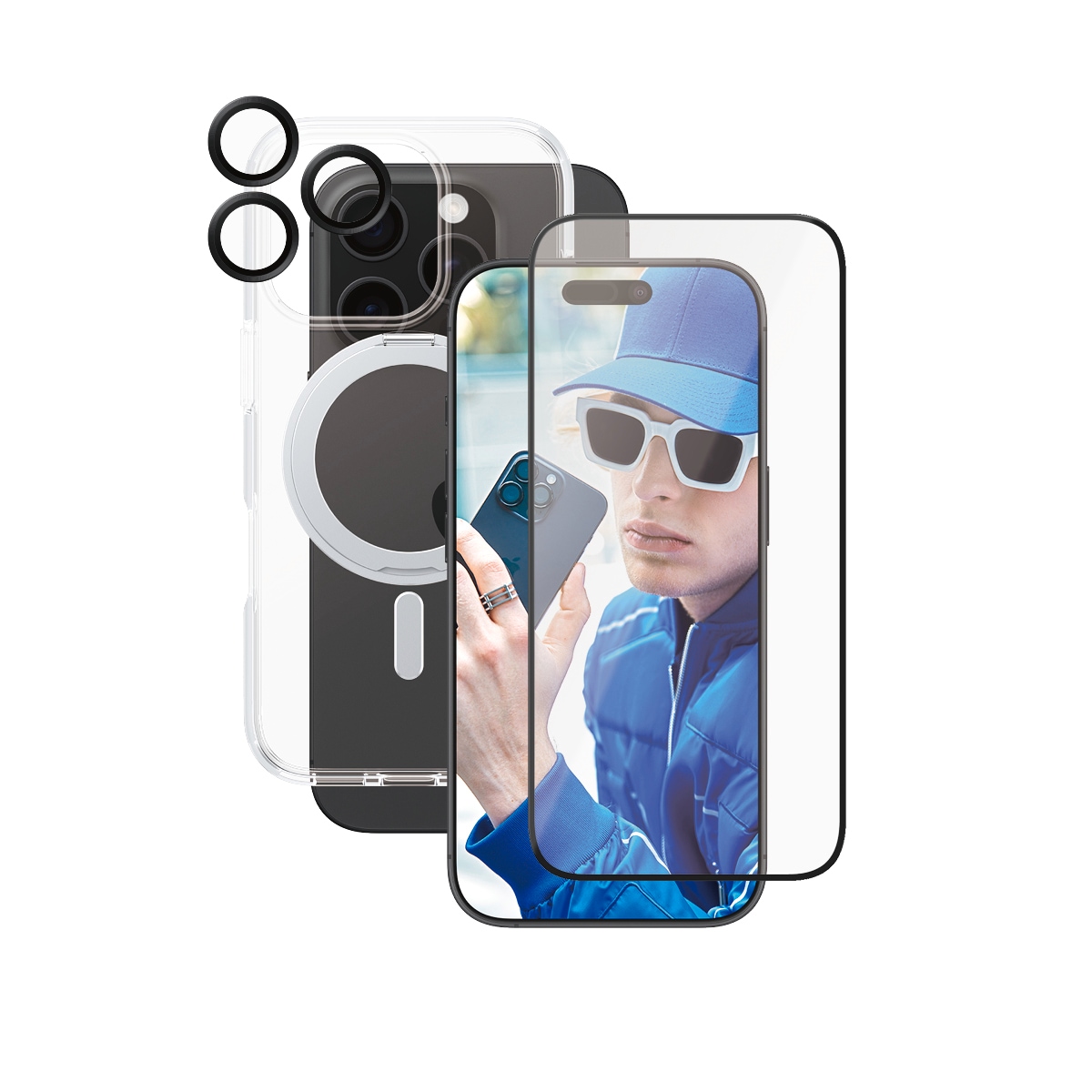 CARE by PanzerGlass Displayschutzglas »3-in-1 Protection, Ceramic Glass, Kickstand Case, Lens Cover«, für Apple iPhone 16 Pro, Displayschutzfolie, Schutzfolie, Bildschirmschutz, kratz- & stoßfest