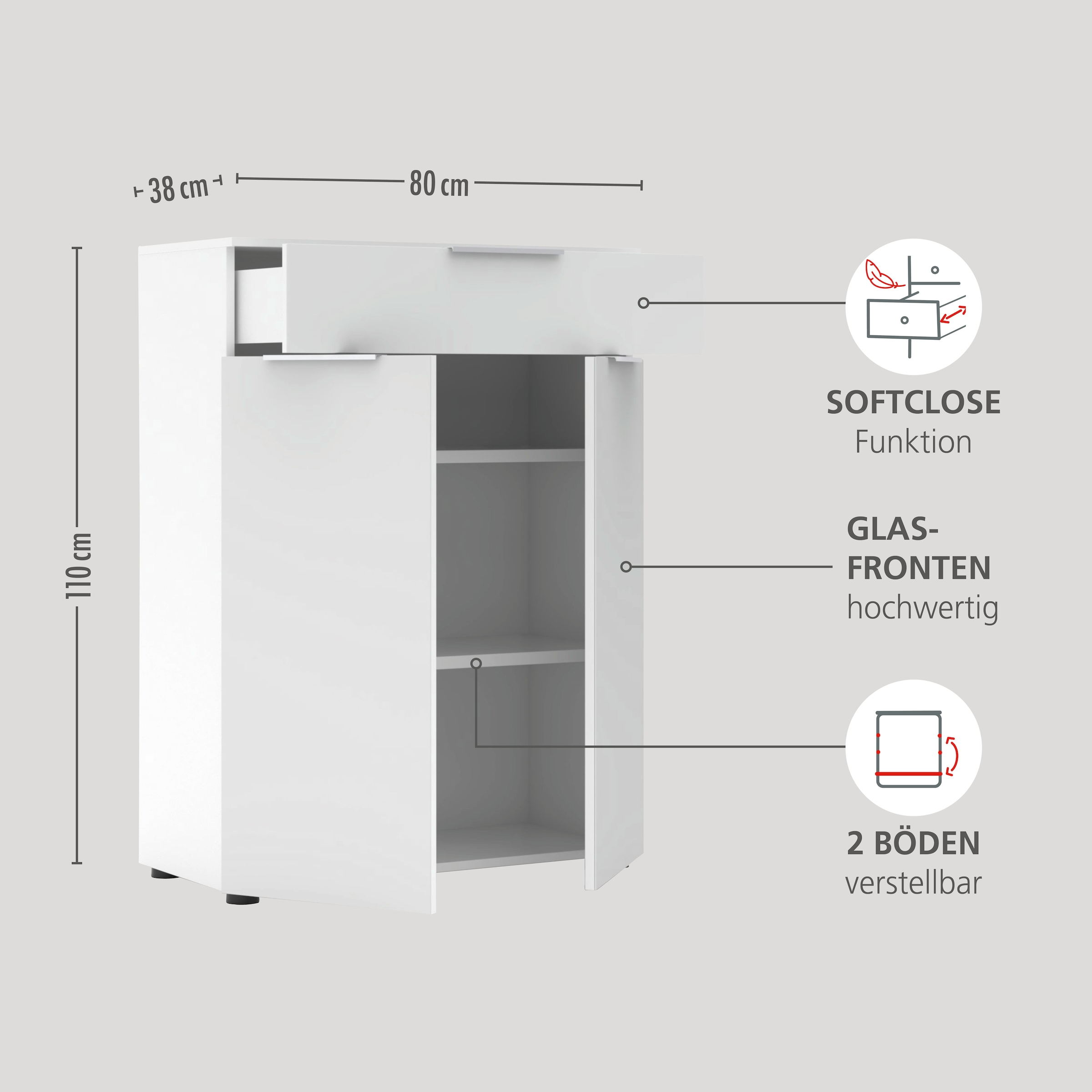 Innostyle Aktenschrank »Büroschrank Santorin, 80/110/38 cm ( B/H/T)« 1 Stk. tlg. 2 türig, 1 Schubkasten, Softclose, Klarglas, ABS Schutzkante