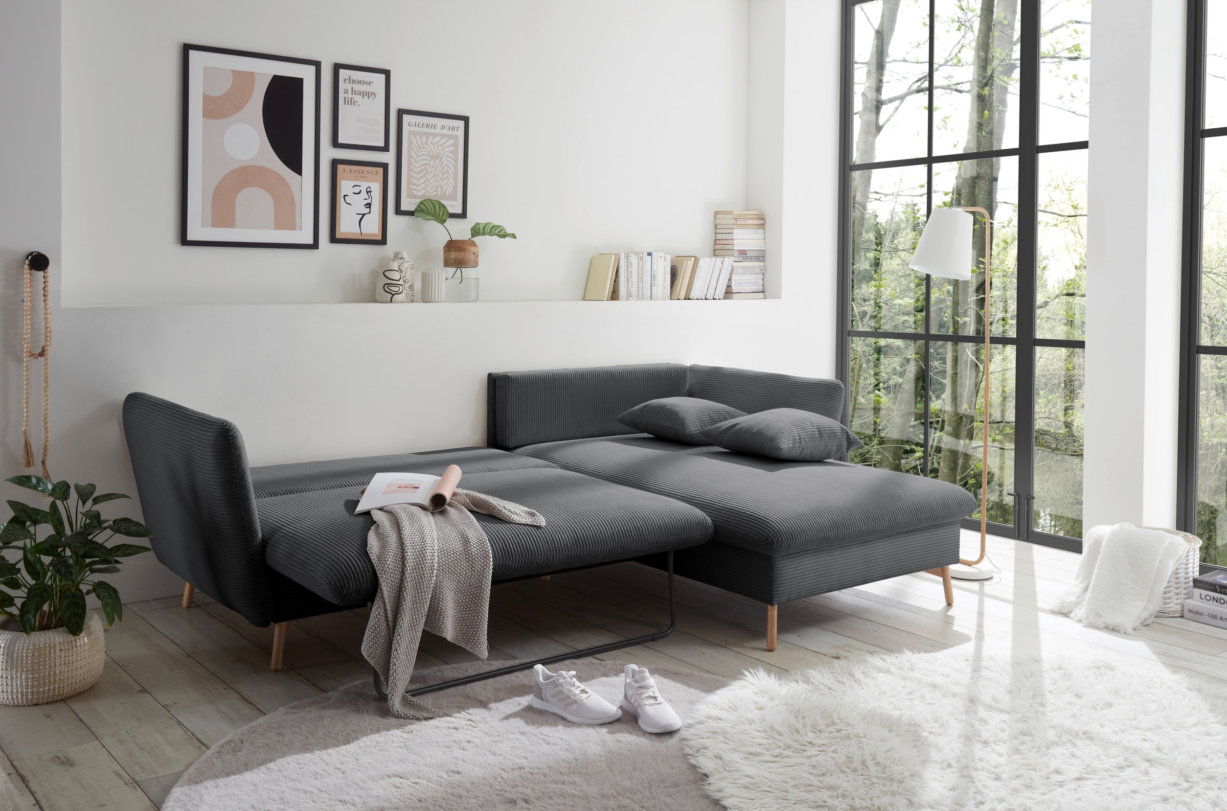 andas Ecksofa »MERLE, 258 cm, L-Form, traumhafter Cord,«, mit Bettfunktion und Bettkasten, Liegefläche 224 x 139