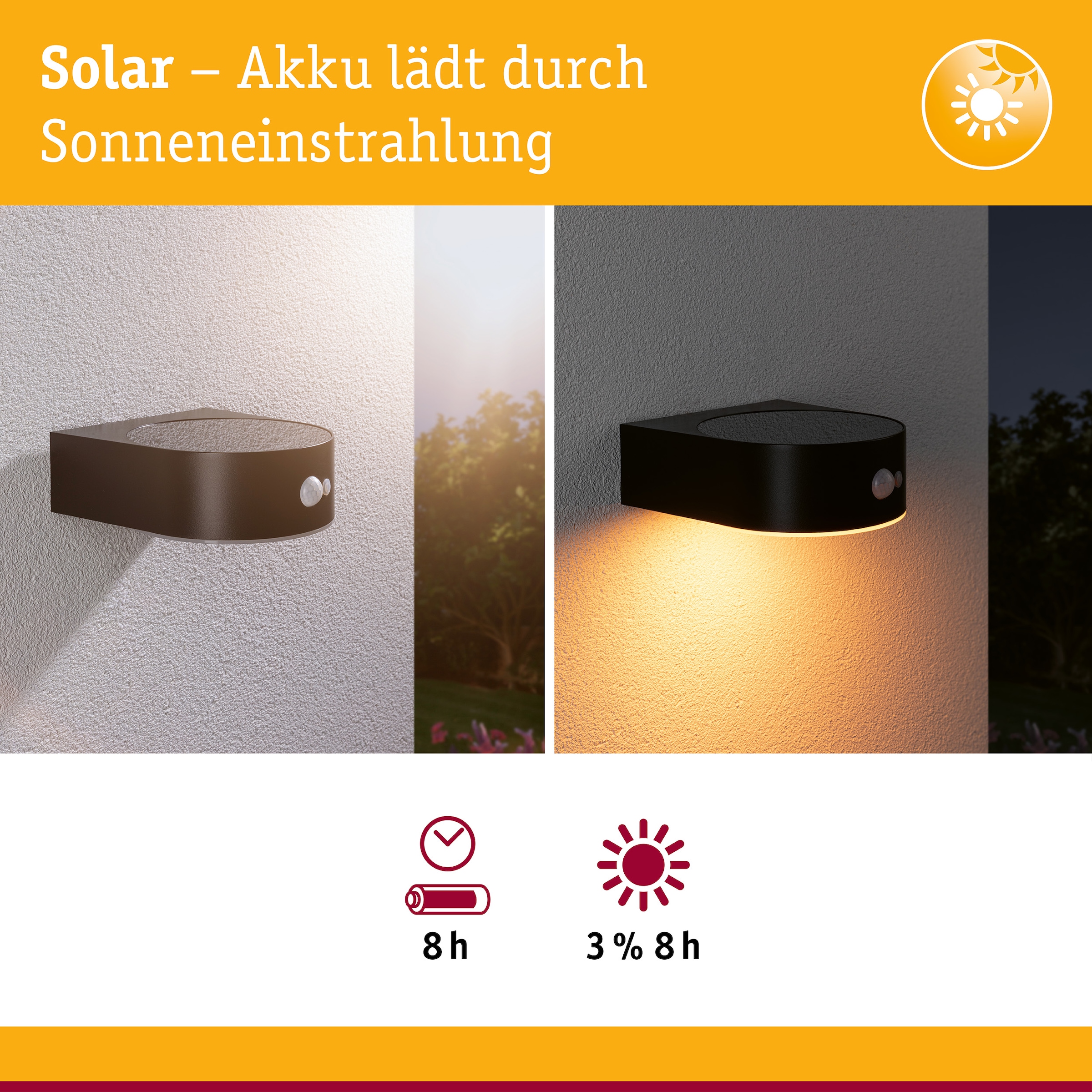 Paulmann LED Außen-Wandleuchte »Solar Eileen IP44 2200K 300lm Schwarz« 1 Stk. Warmweiß Bewegungsmelder insektenfreundlich