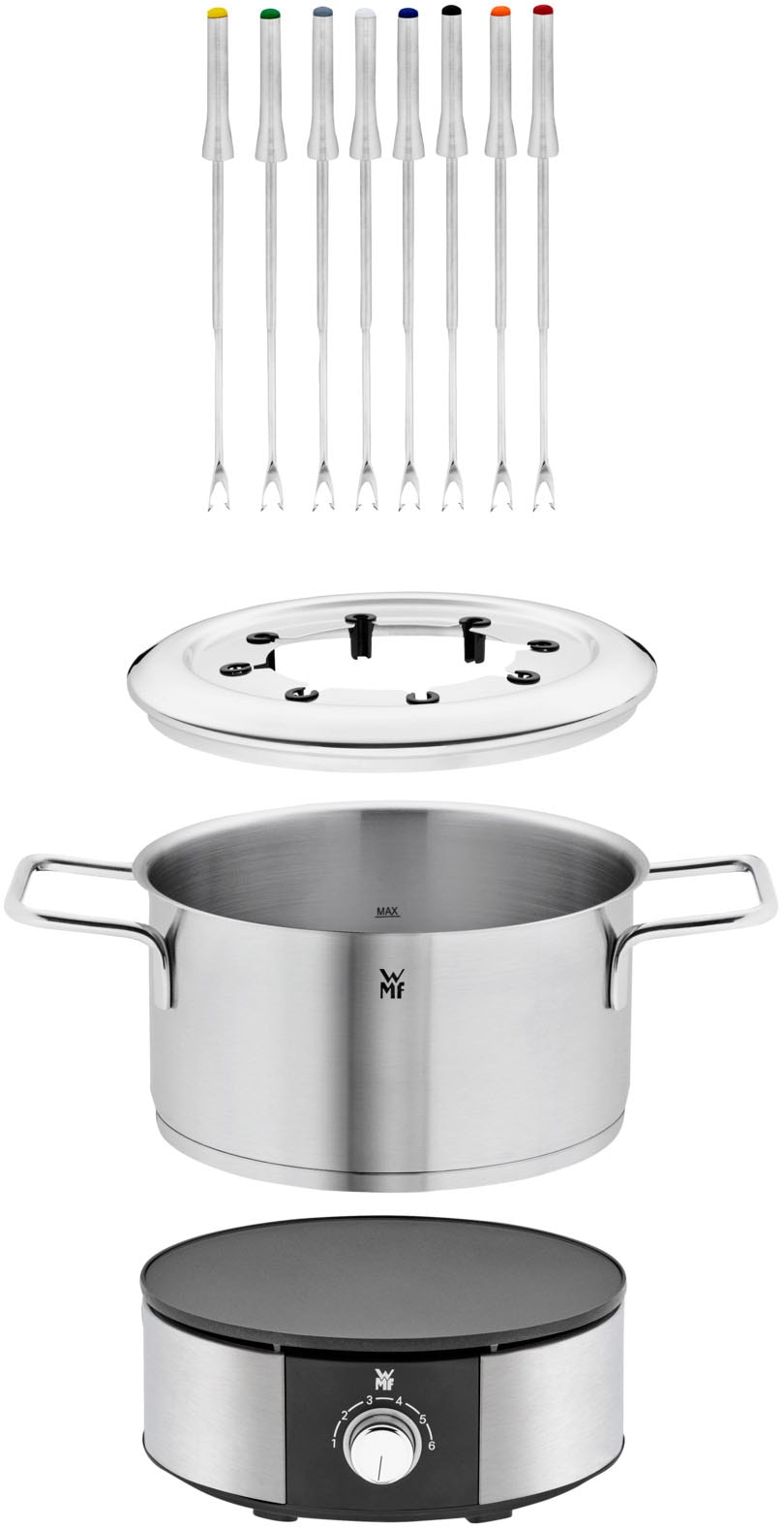 WMF Elektro-Fondue »LONO, mit Spritzschutzring, farblich markierte Fondue-Gabeln«, spülmaschinengeeignete Teile, LED-Ring, auch zum Warmhalten verwendbar