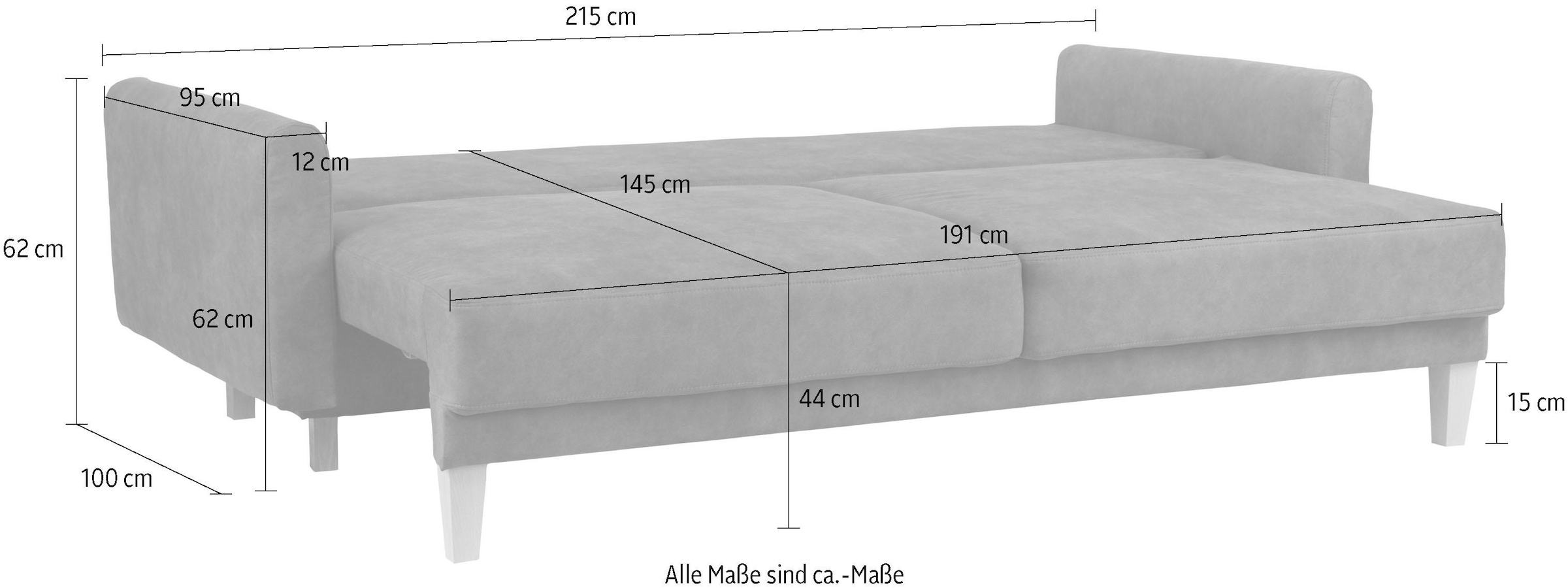 Home affaire 3-Sitzer »Triplo wahlweise mit Bettfunktion und Bettkasten,«, incl. Zierkissen, B/T/H: 215/100/89 cm Liegefläche 191 x 145 cm