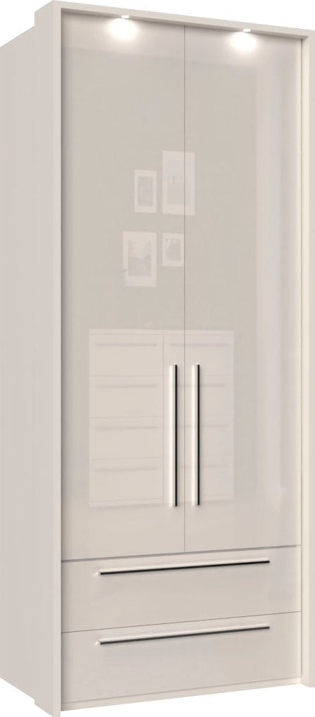 PLACES OF STYLE Drehtürenschrank »Piano, inklusive Rahmen und Beleuchtung, soft-close-Funktion« viele Breiten zur Auswahl, 226cm hoch, mit jeweils 2 Schubladen,  beige oder weiß, UV lackiert, Hochglanzfronten, FSC-zertifiziert