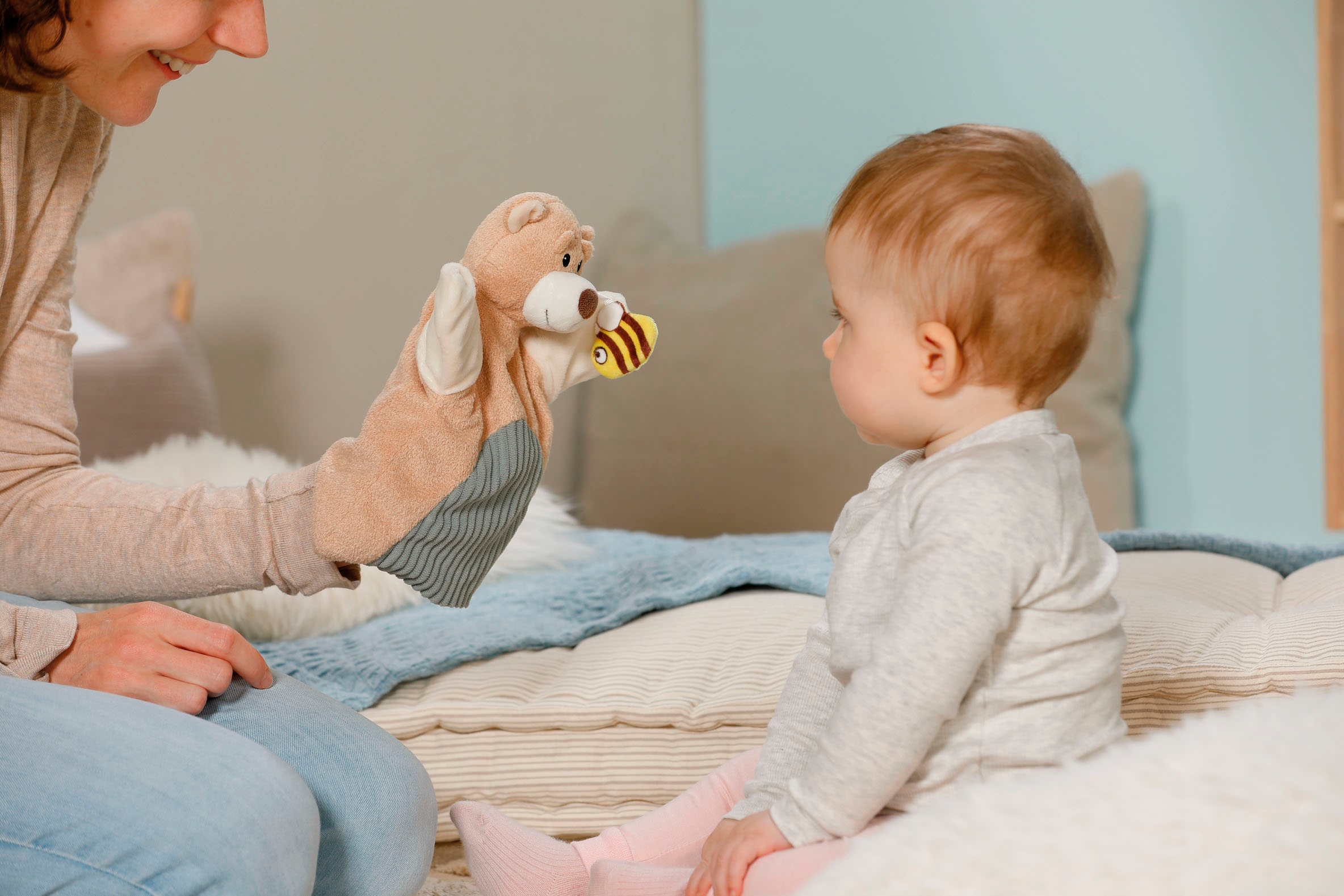 Nici Schmusetuch »My first NICI, Handpuppe Bär 2in1 26x25 cm«, sanfte Materialmix aus glattem und geripptem Plüsch