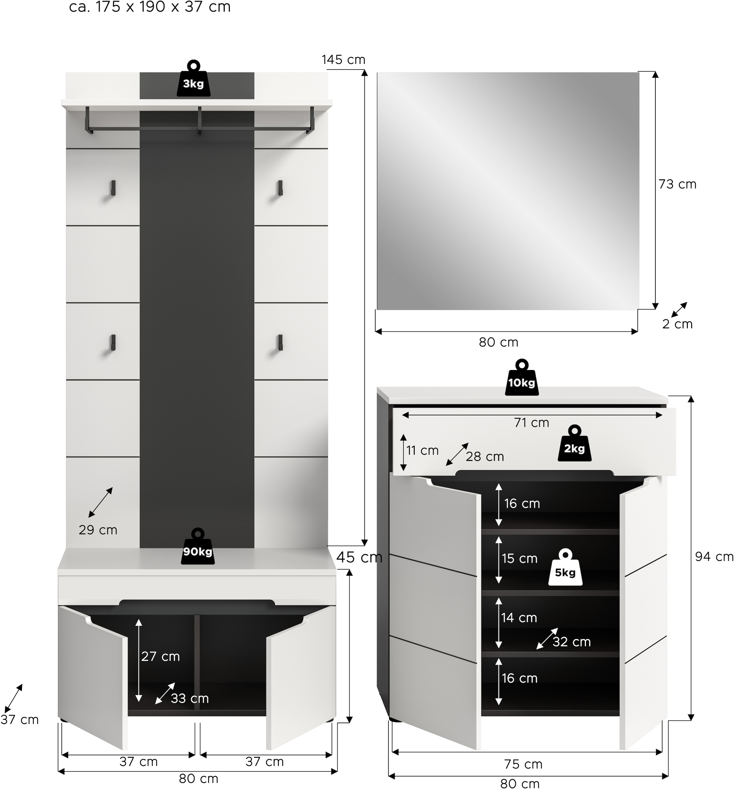 Home affaire Garderoben-Set »REHAT, TOPSELLER!, 4-teilig, Breite 175 cm, individuell erweiterbar« Set, bestehend aus: Sitzbank, Paneel, Spiegel und Kommode, 4 Stk. tlg.