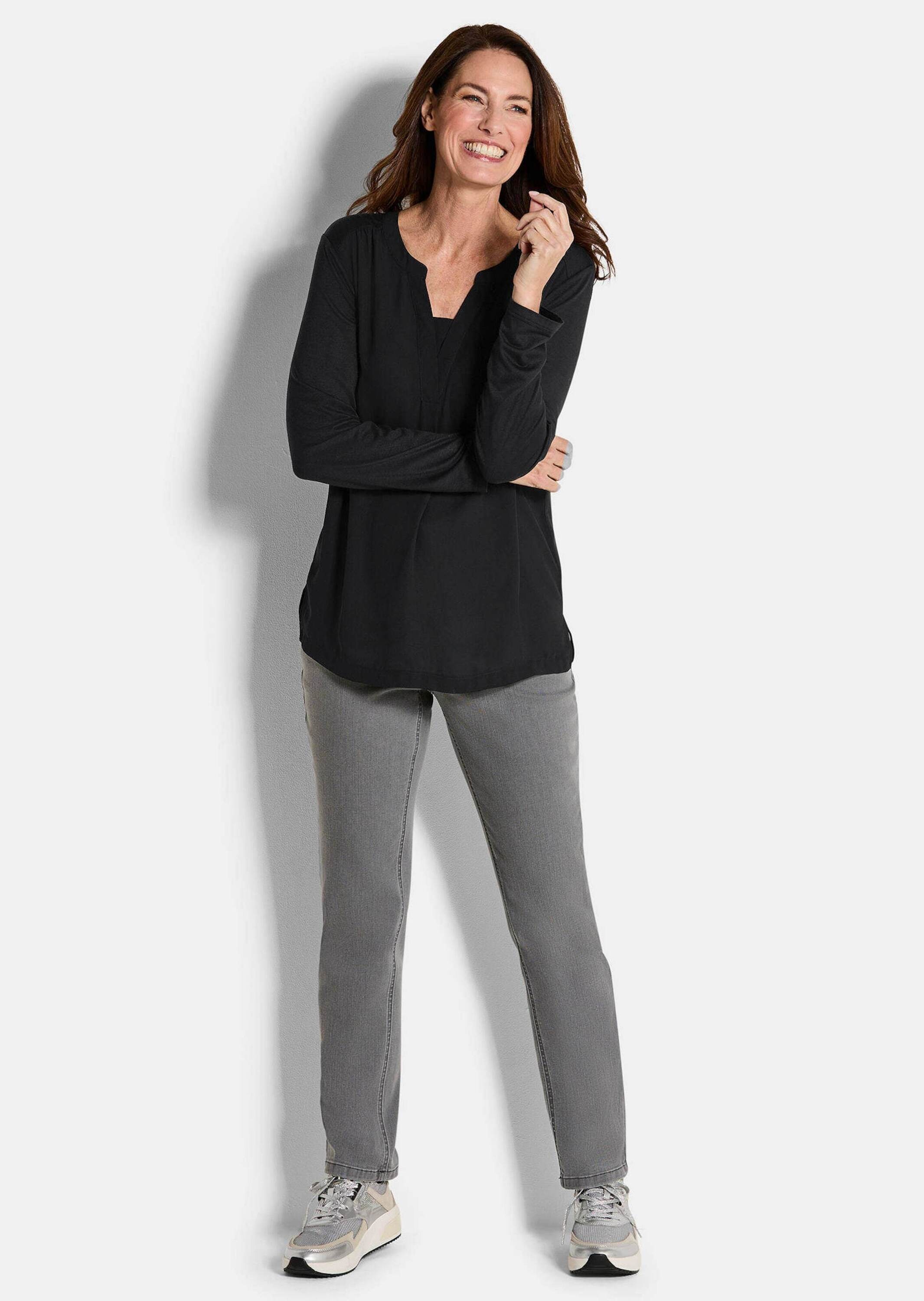 GOLDNER Kurzarmbluse »Langarm Damen Unibluse mit Chiffoneinsatz und Rundhalsaussschnitt«