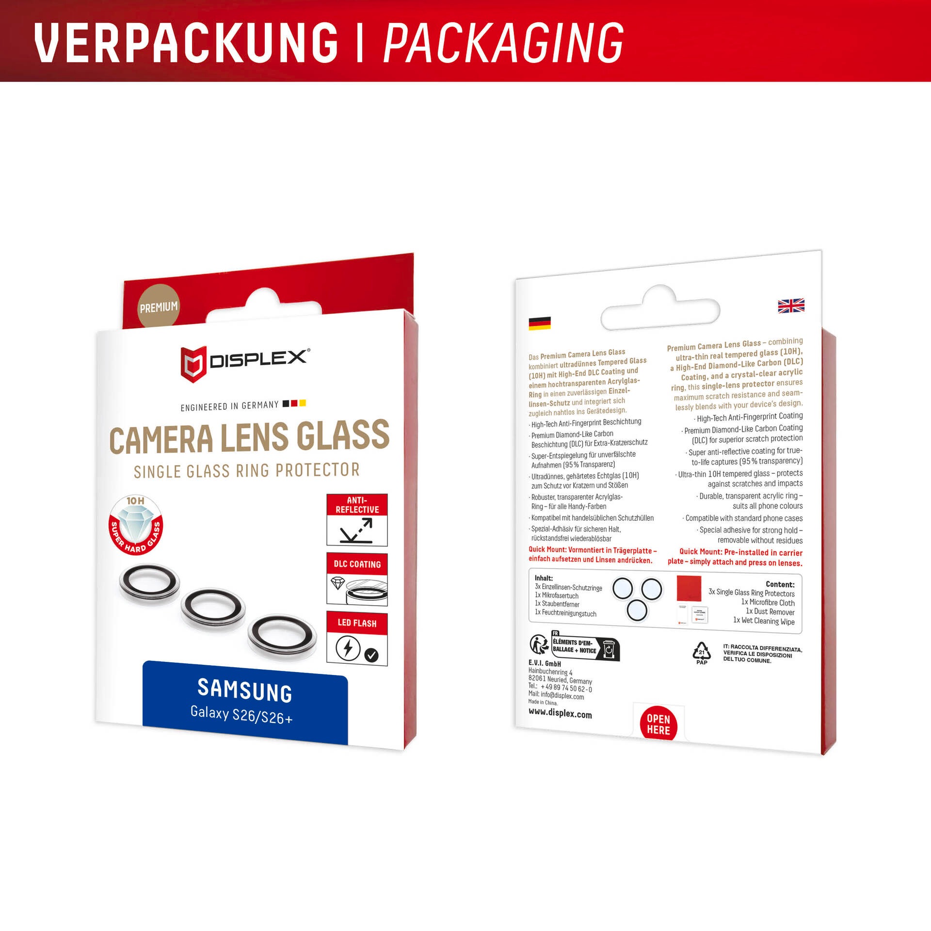 Displex Kameraschutzglas »Camera Lens Glass Single Glass Ring Protector« für Samsung Galaxy S26;Samsung Galaxy S26+ Kameraschutzfolie, Schutzfolie, Lens Protector, kratz- & stoßfest