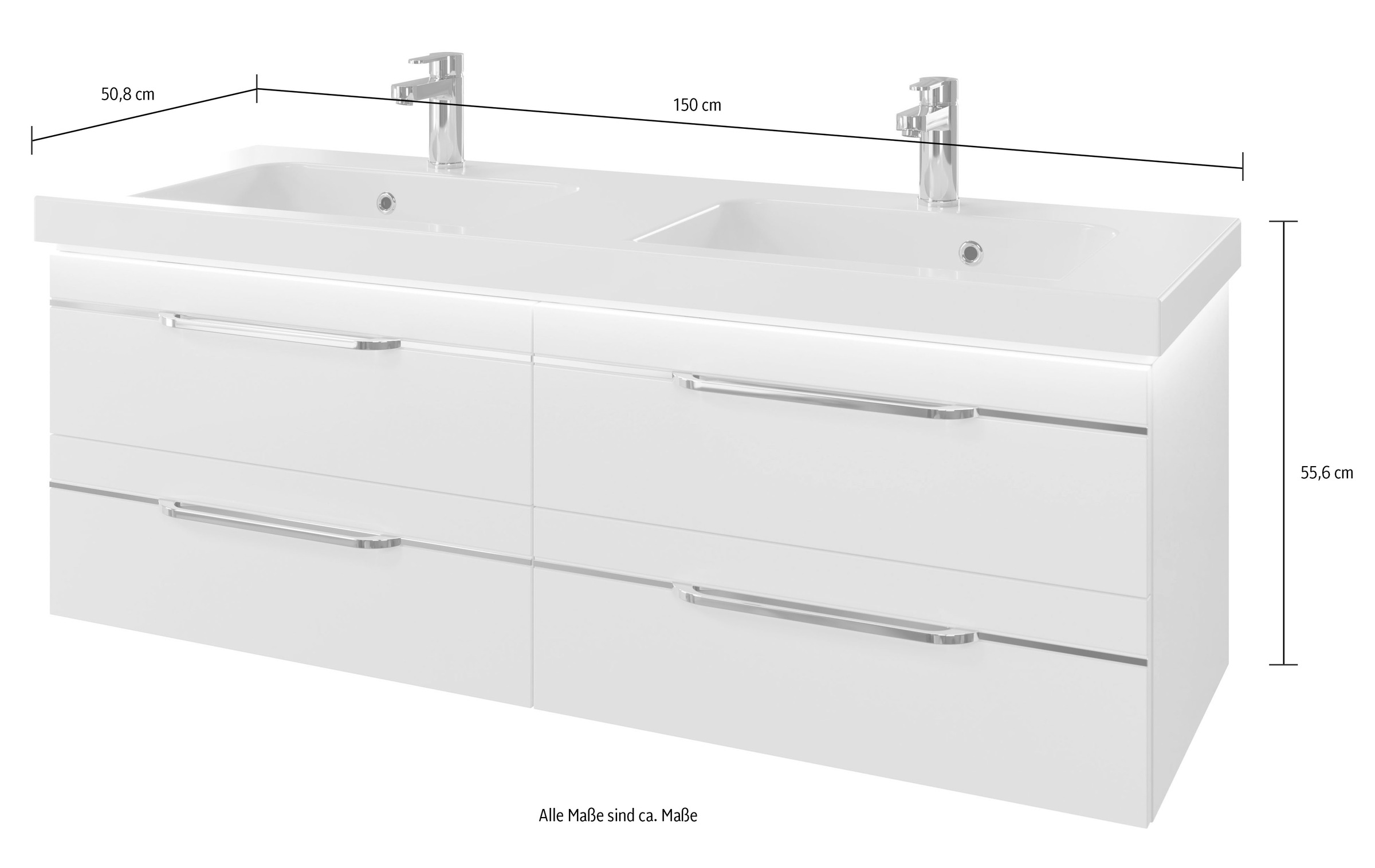 Saphir Badmöbel-Set »Balto 2-teilig Mineralmarmor-Doppelwaschtisch mit LED-Spiegel«, (2 St.), Waschplatz 150 cm breit, 4 Schubladen, inkl. Schubladendämpfer