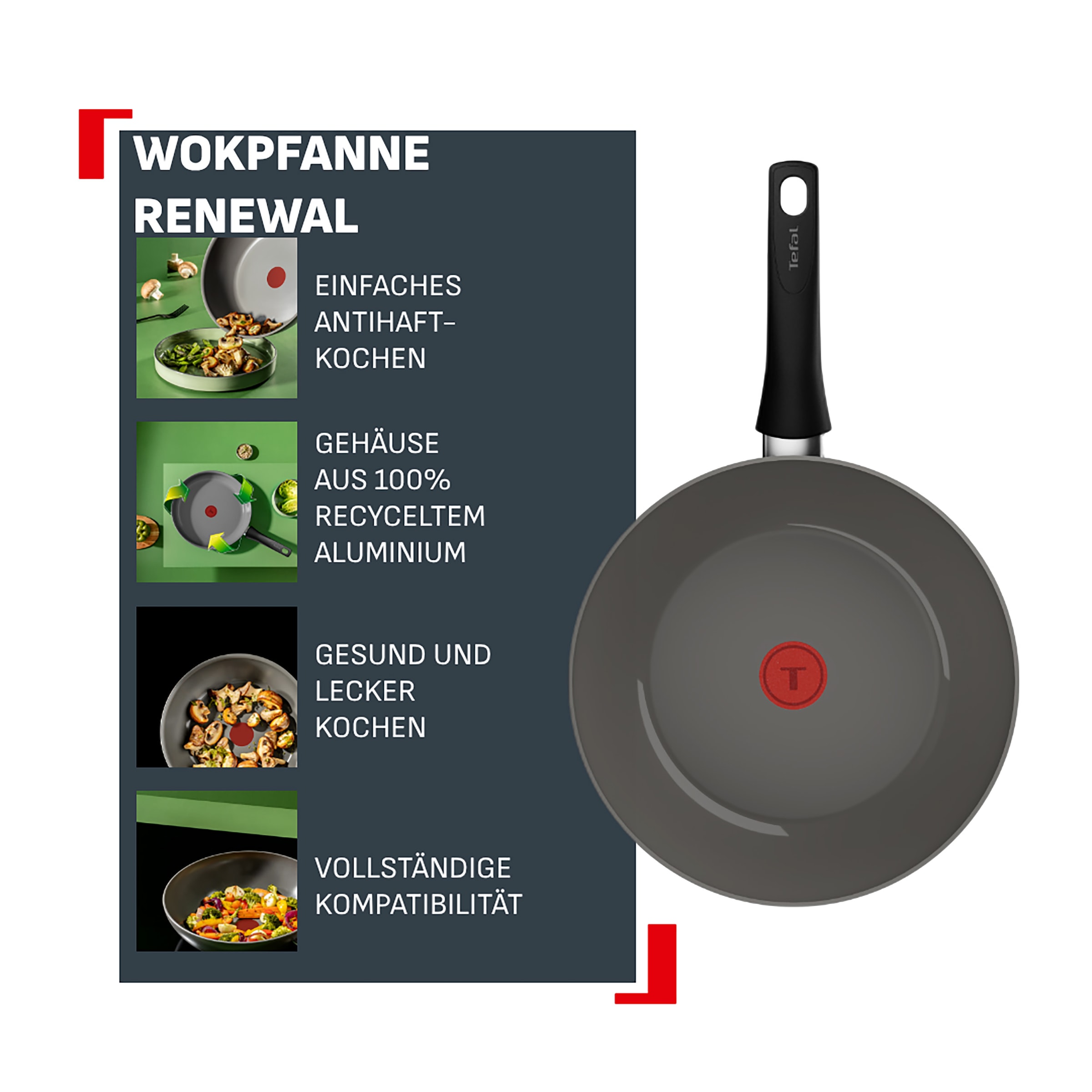 Tefal Wok »Renewal« Aluminium 1 tlg. Keramikbeschichtung, 100% recycelter Aluminiumkörper, Thermo-Signal