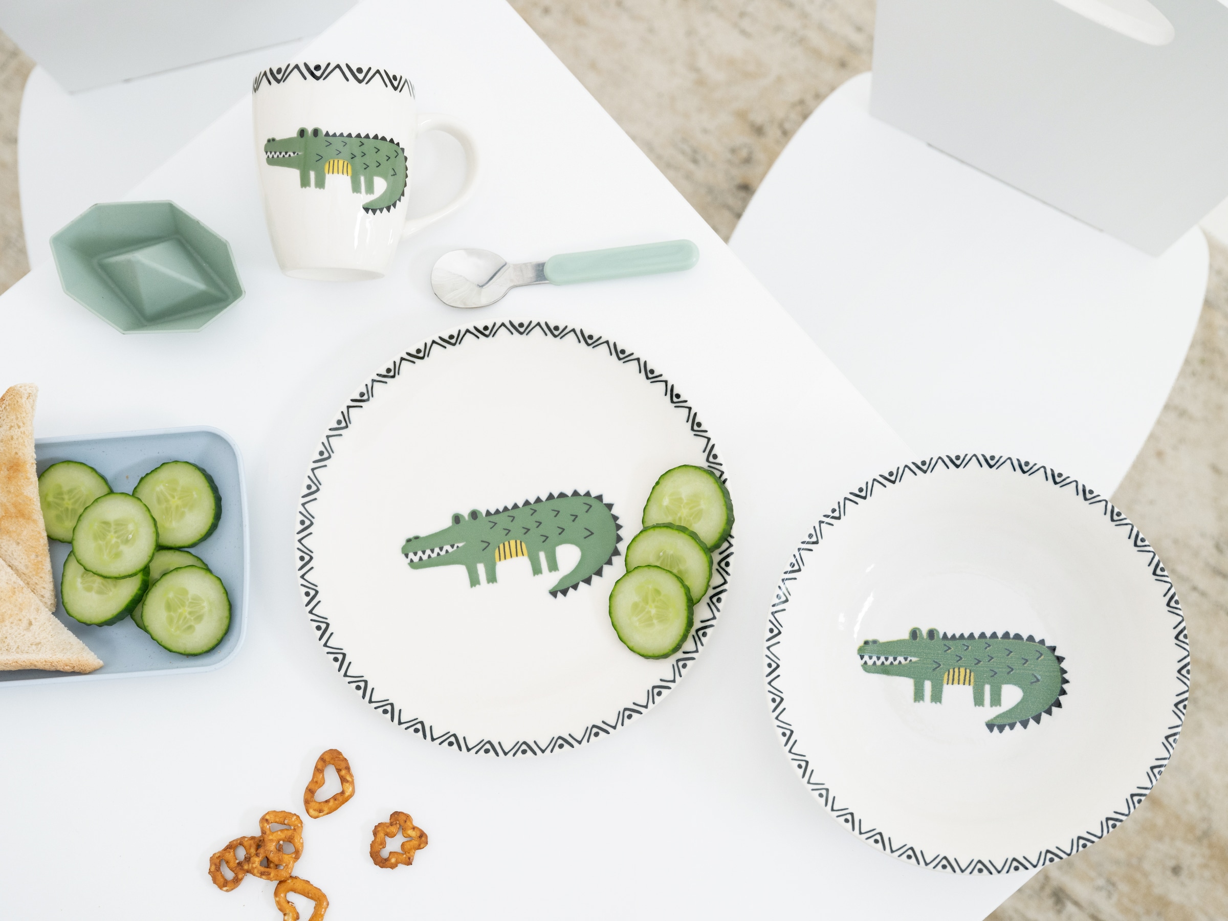 CreaTable Kindergeschirr-Set »Safari Krokodil, Kinder Set 3-tlg.« gezeichnete Tiermotive, skandinavischer Stil, Ethno-Style Motive