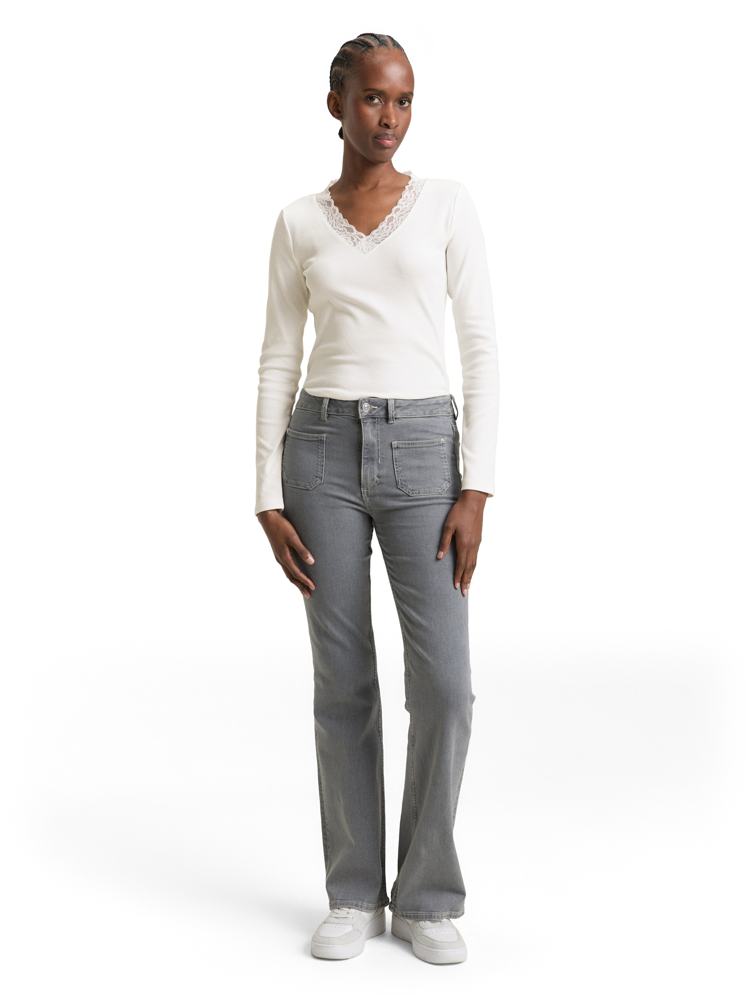 TOM TAILOR Denim Langarmshirt V-Ausschnitt mit Spitze