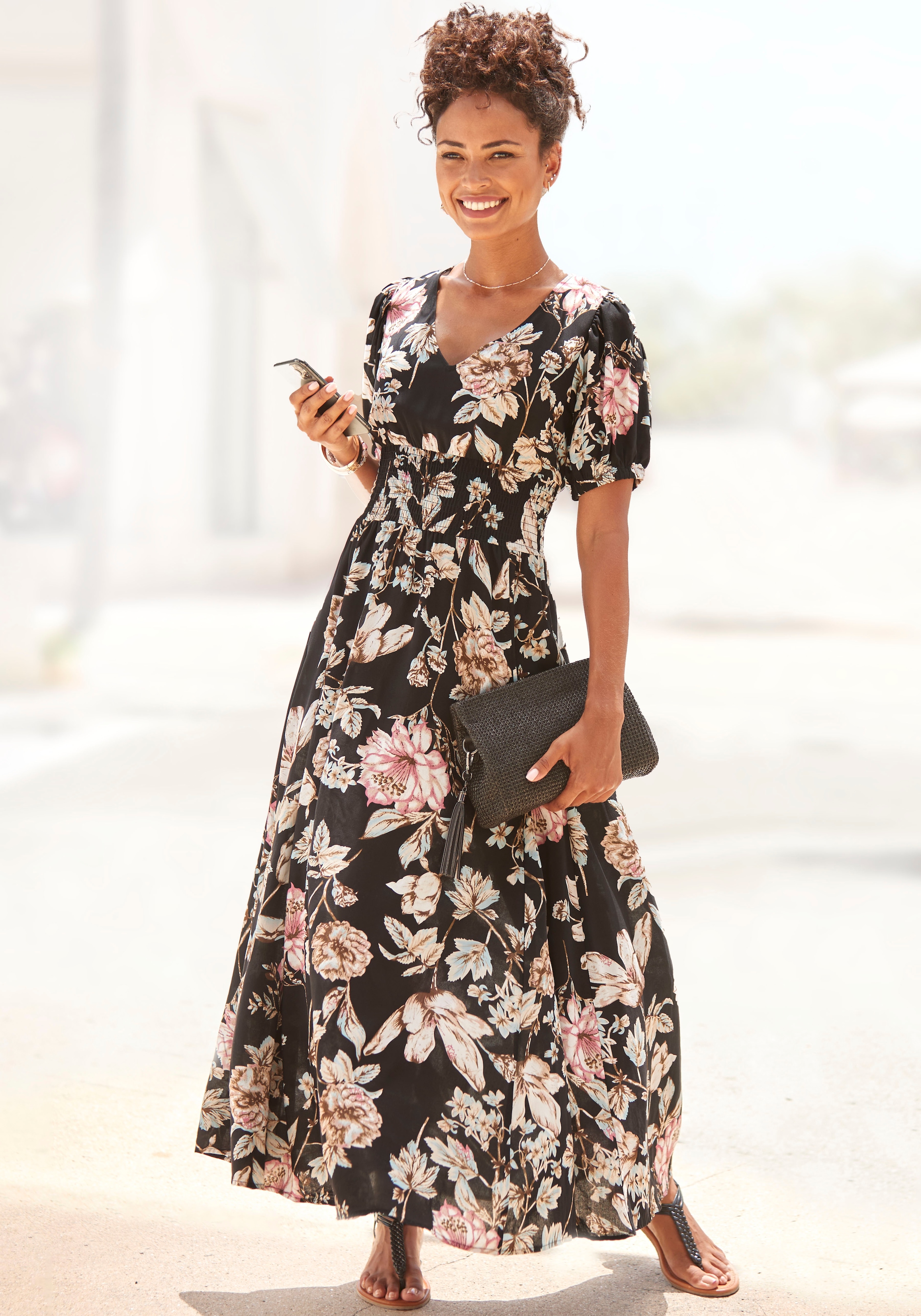 Maxikleid, mit Blumendruck und leichten Puffärmeln, Sommerkleid, casual-elegant