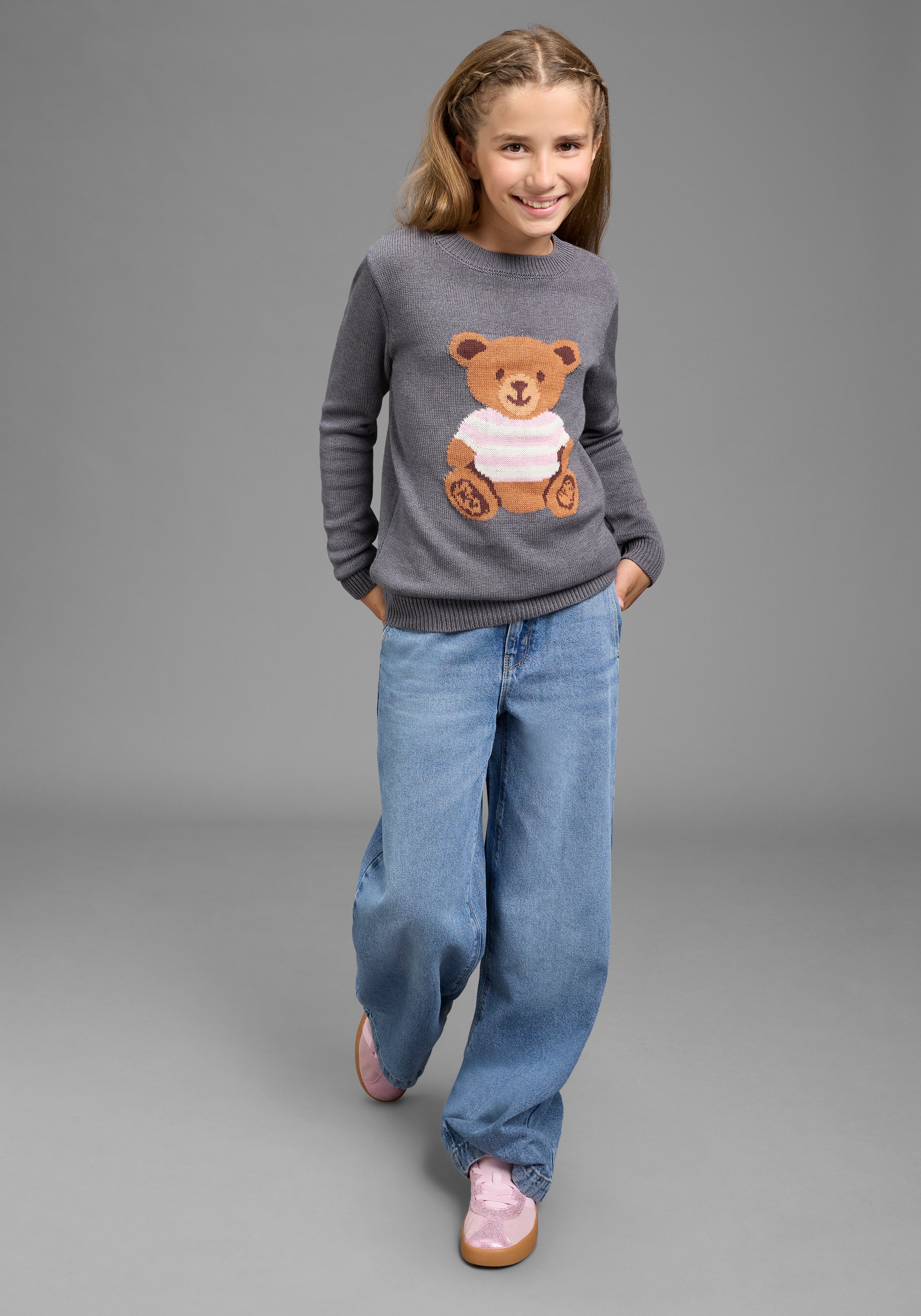 KIDSWORLD Strickpullover »Pullover mit Bär-Design« aufwendiger Jaccquardpulli aus Baumwolle, hüftlange Passform
