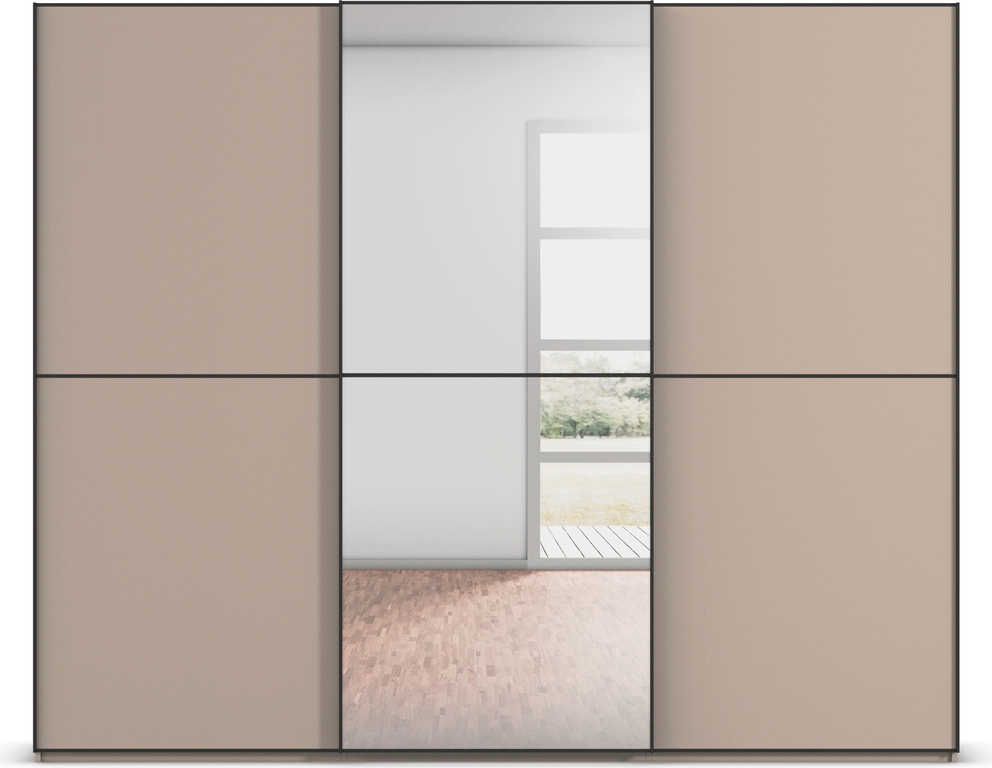 rauch Schwebetürenschrank »Kleiderschrank Schrank Garderobe Schlafzimmerschrank SCALE-DUO«, edle zweigeteilte Türen, Spiegel und 3 Zierleisten MADE IN GERMANY