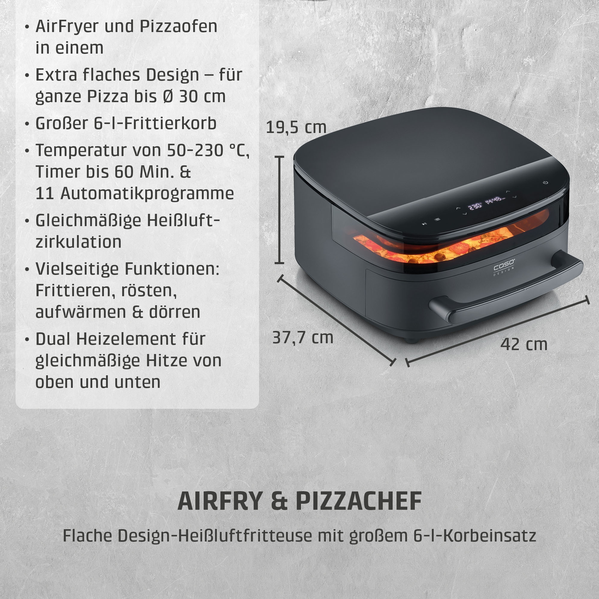 Caso Heißluftfritteuse »Design Heissluftfritteuse AirFry & PizzaChef« 2850 W Frittieren, Backen, Aufwärmen, Rösten oder Dörren.