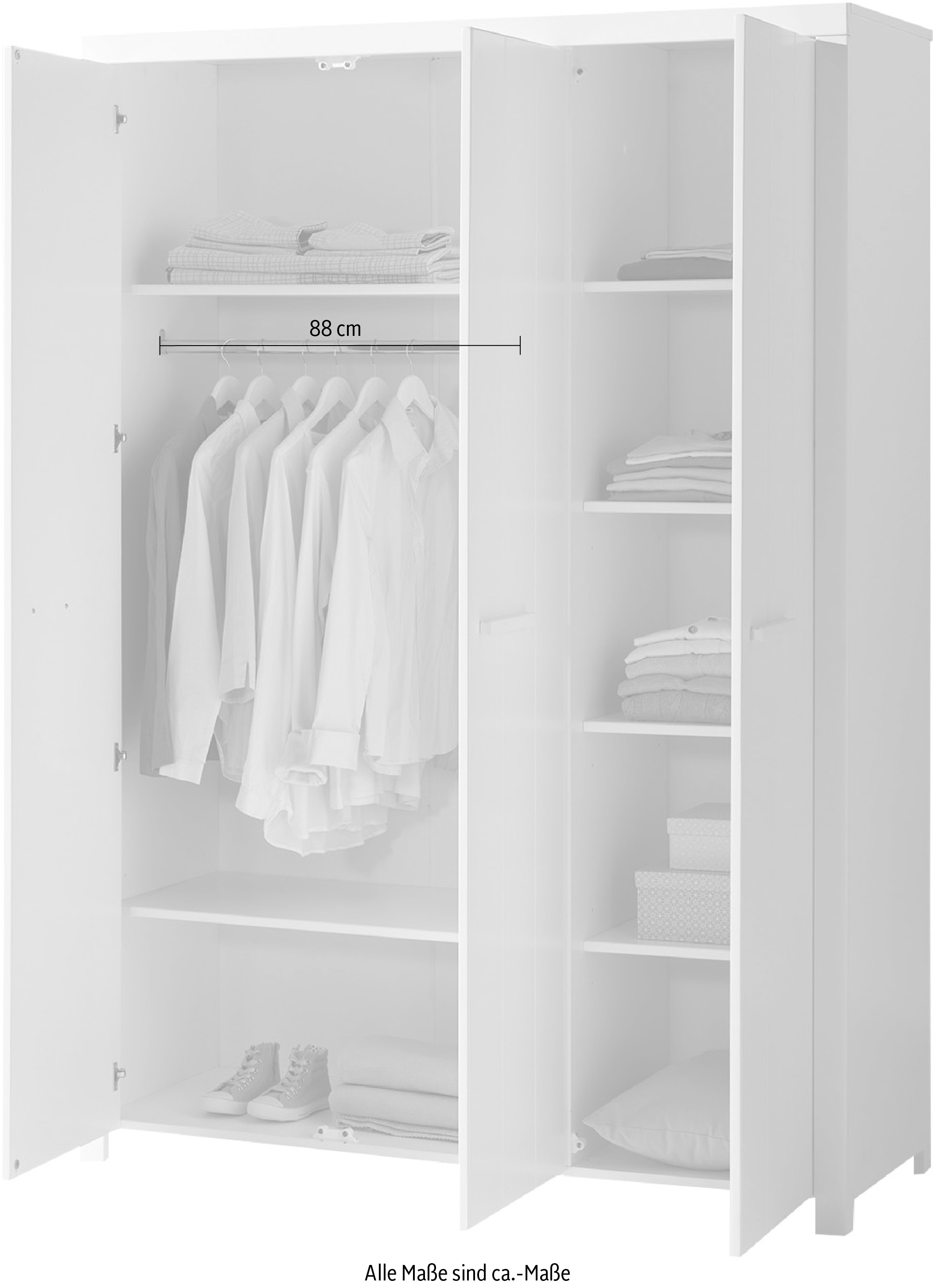 Vipack Kleiderschrank »Erik, Kleiderschrank 3-trg. mit viel Stauraum, MDF weiß lackiert«, (B/H/T ca. 144x205,5x57,5cm, in Landhaus-Optik), geräumiger Schrank inkl. Wäscheeinteilung, Ausf. weiß lackiert
