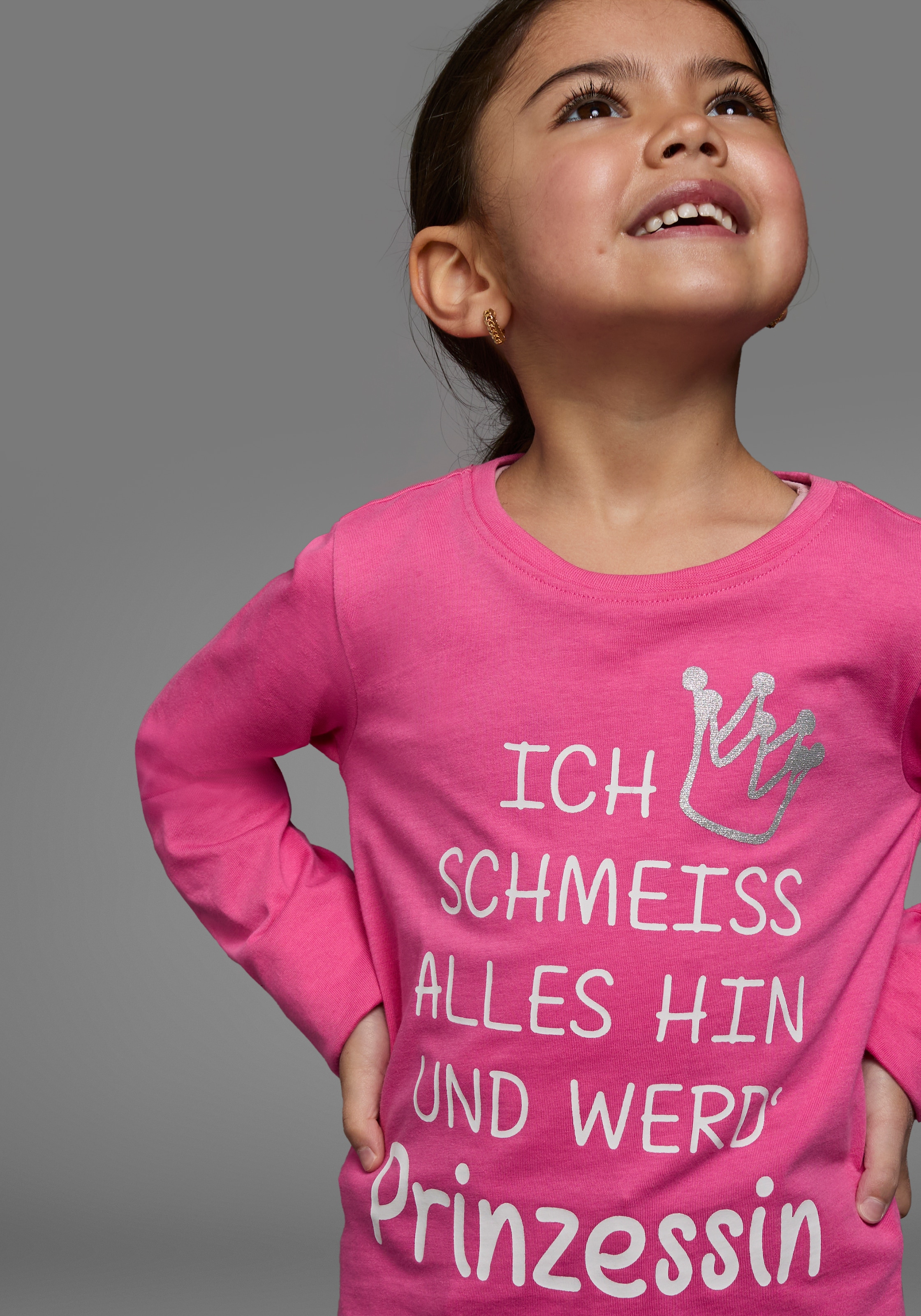 KIDSWORLD Langarmshirt »Ich schmeiss alles hin und werd´ Prinzessin«, langärmlig, Basic-Passform, mit Glitzerdruck