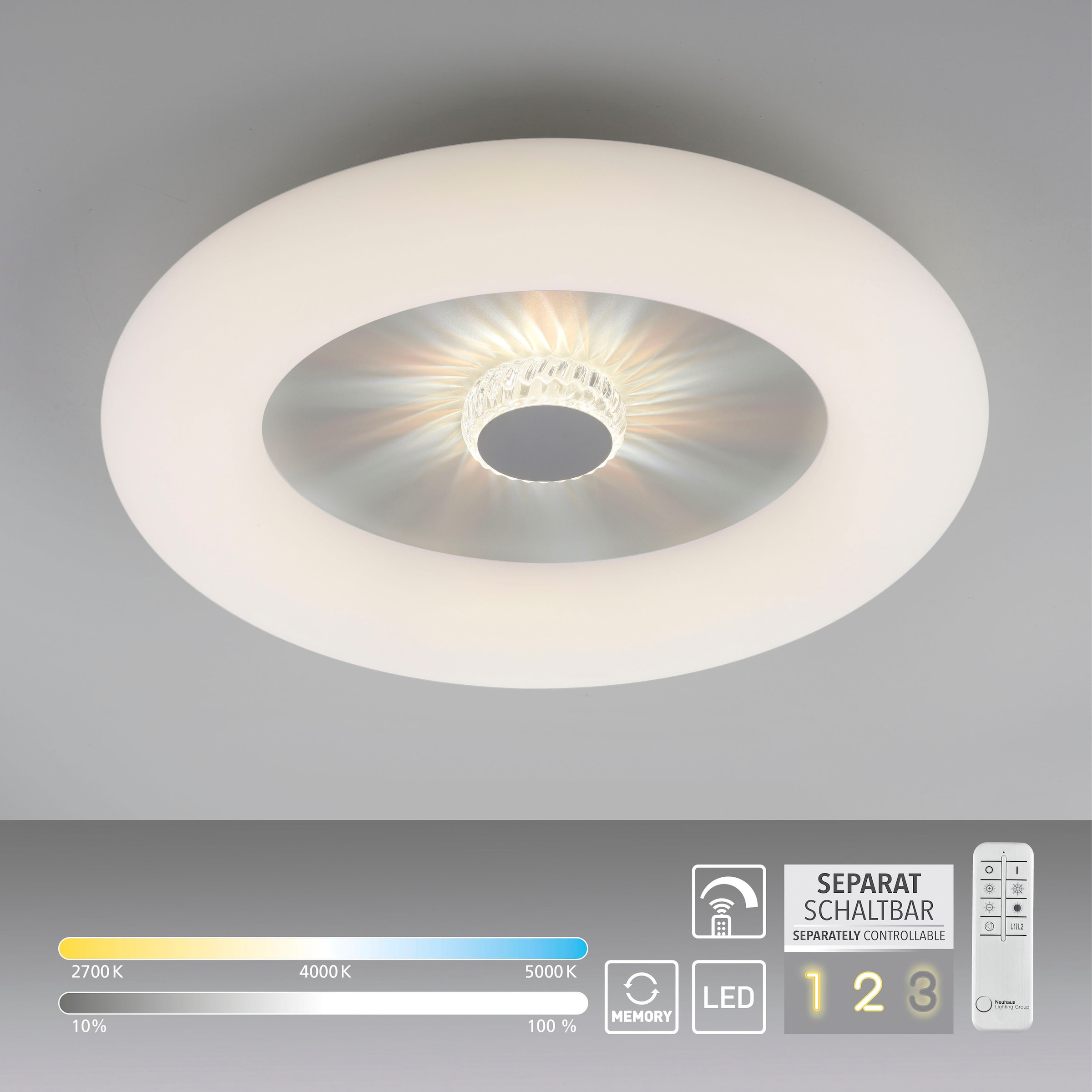 JUST LIGHT Deckenleuchte »VERTIGO« LED-Board 1 Stk. warmweiß - kaltweiß CCT über Fernbedienung, Funk inkl., separat steuerbar über FB, Memory