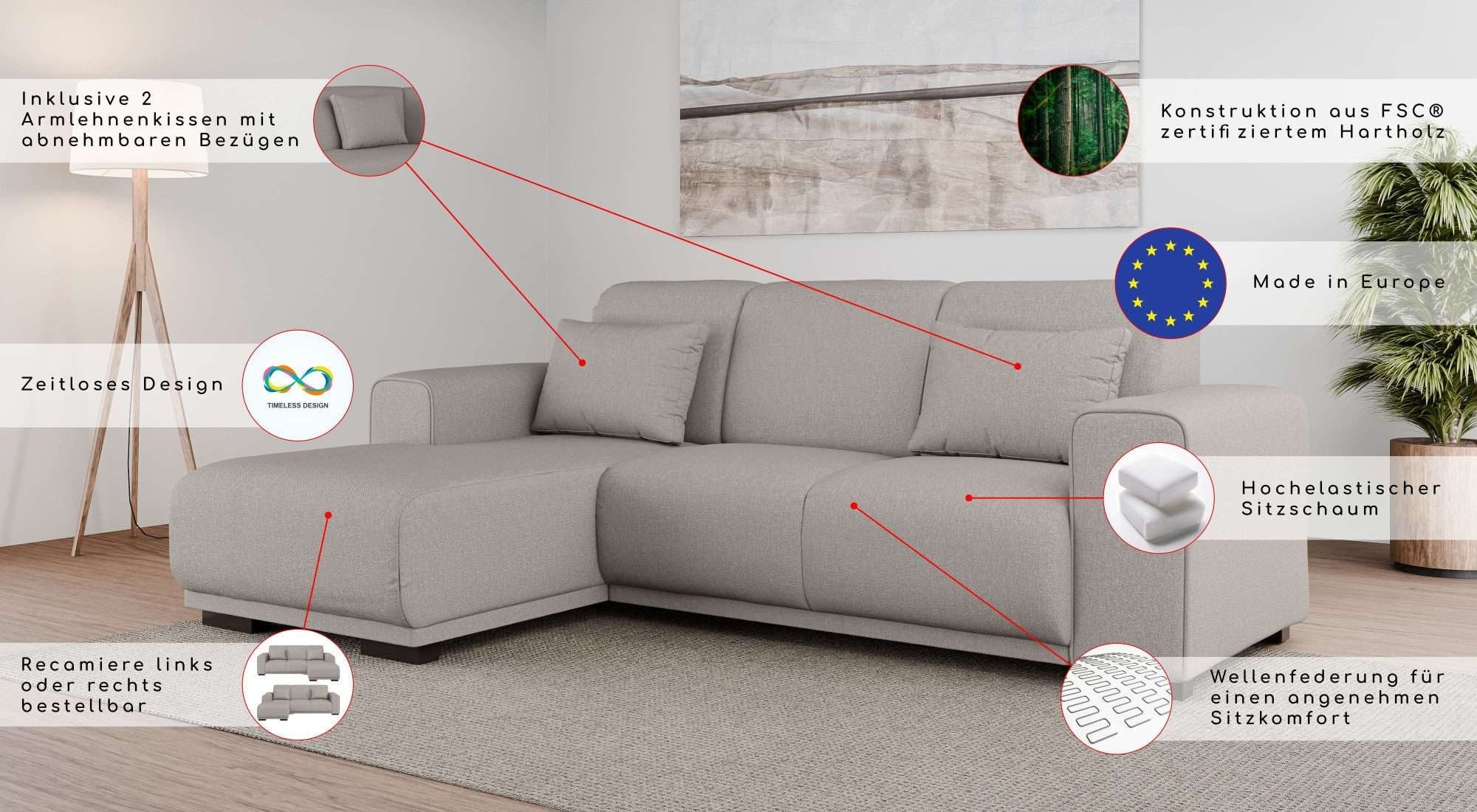 Home affaire Ecksofa »BORNHOLM L-Form, B: 234 cm - OTTO. Verlässliche Qualität.« Recamiere links oder rechts bestellbar, Wellenfederung, inkl. 2 Kissen